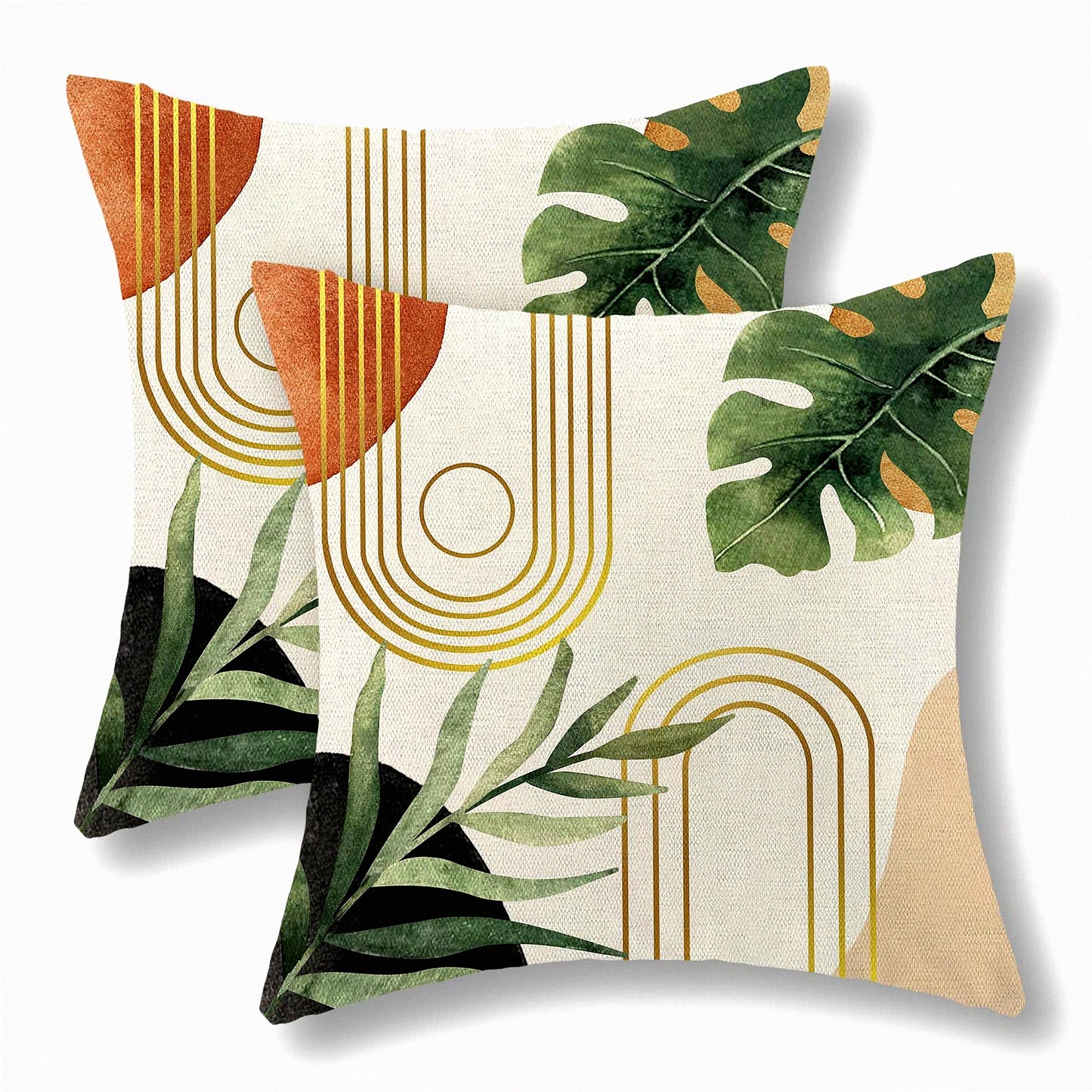 Tropical Leaf Boho Pillow Covers Set - Mid Century Farmhouse Decorative Cushion Case for Couch Sofa - Modern Bohemian Outdoor Decor 18x18 - Green Home Accents
