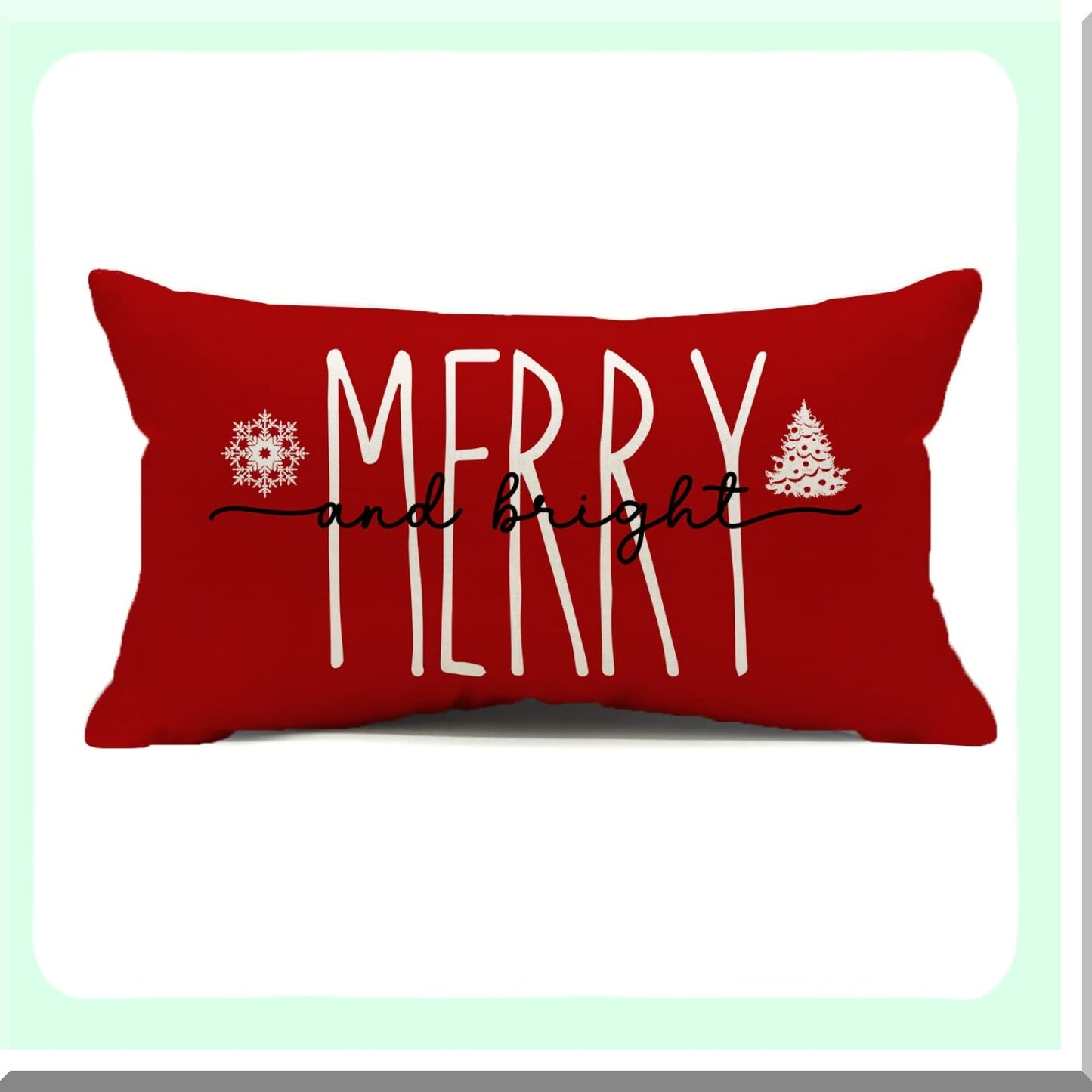 Festive Farmhouse Holiday Pillow Cover - Red 12x20 Inch Merry & Bright Decor Cushion Case for Sofa Couch - Christmas Decorations Theme