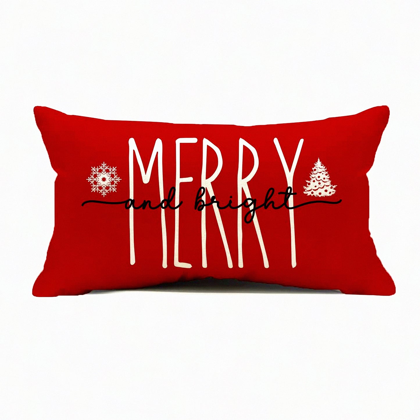 Festive Farmhouse Holiday Pillow Cover - Red 12x20 Inch Merry & Bright Decor Cushion Case for Sofa Couch - Christmas Decorations Theme