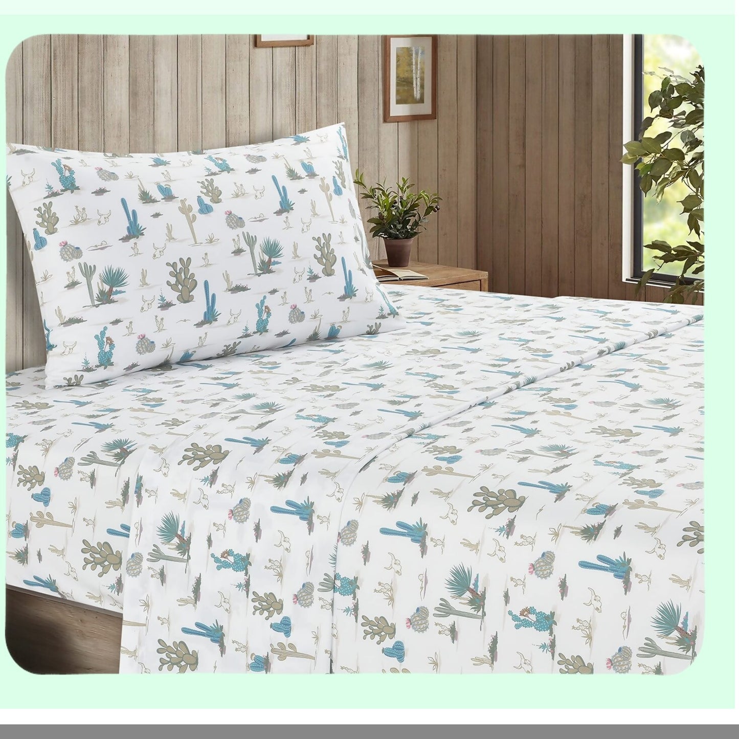 Desert Oasis 3-Piece Twin Sheet Set - Saguaro Cactus Print - White/Blue/Green/Aqua Blue - Southwestern Style Bedding - Pillowcase Included