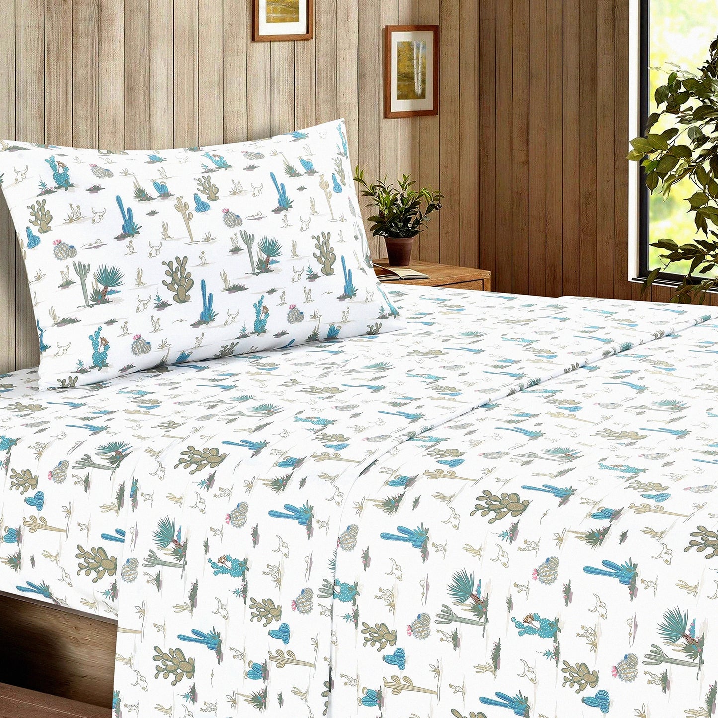 Desert Oasis 3-Piece Twin Sheet Set - Saguaro Cactus Print - White/Blue/Green/Aqua Blue - Southwestern Style Bedding - Pillowcase Included