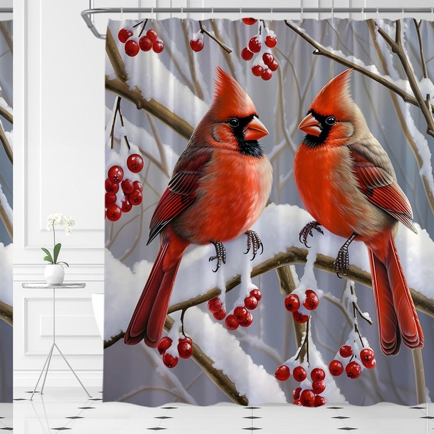 Red Bird Snowy Tree Shower Curtain 70x70 inches