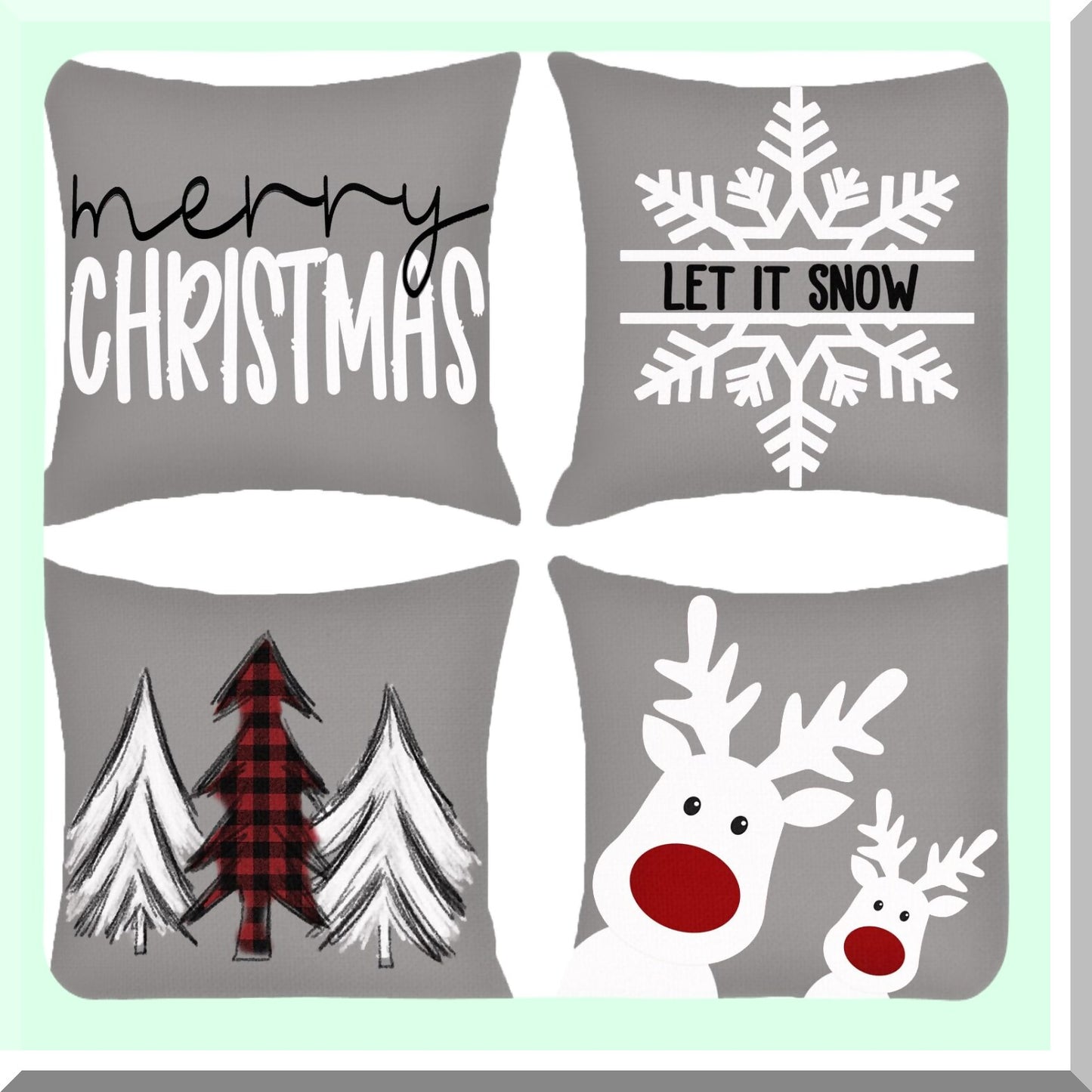 Winter Wonderland Farmhouse Pillow Covers - Set of 4 Snowflake Merry Tree Reindeer Linen Cases for Xmas Decor Home Gray - 18x18 Holiday Throw Pillows