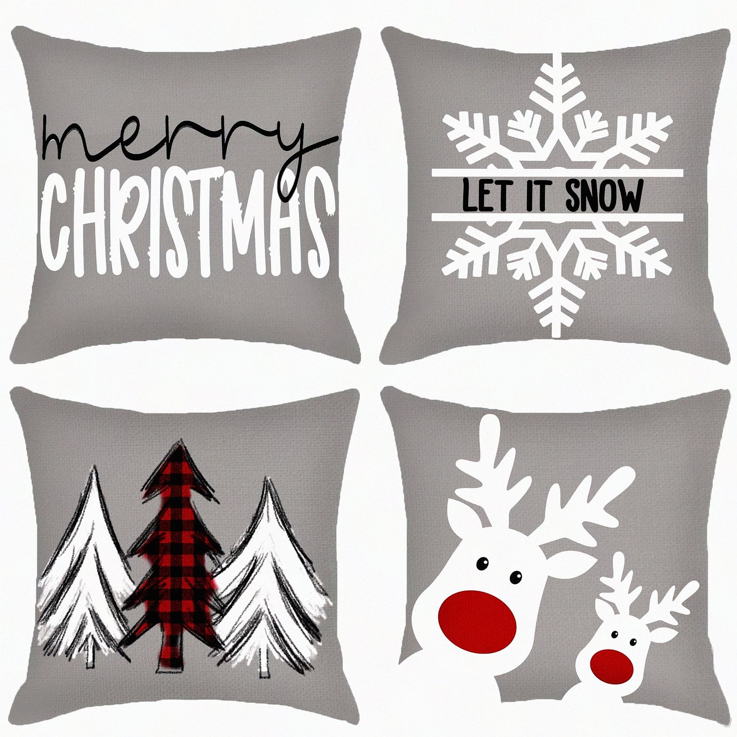 Winter Wonderland Farmhouse Pillow Covers - Set of 4 Snowflake Merry Tree Reindeer Linen Cases for Xmas Decor Home Gray - 18x18 Holiday Throw Pillows