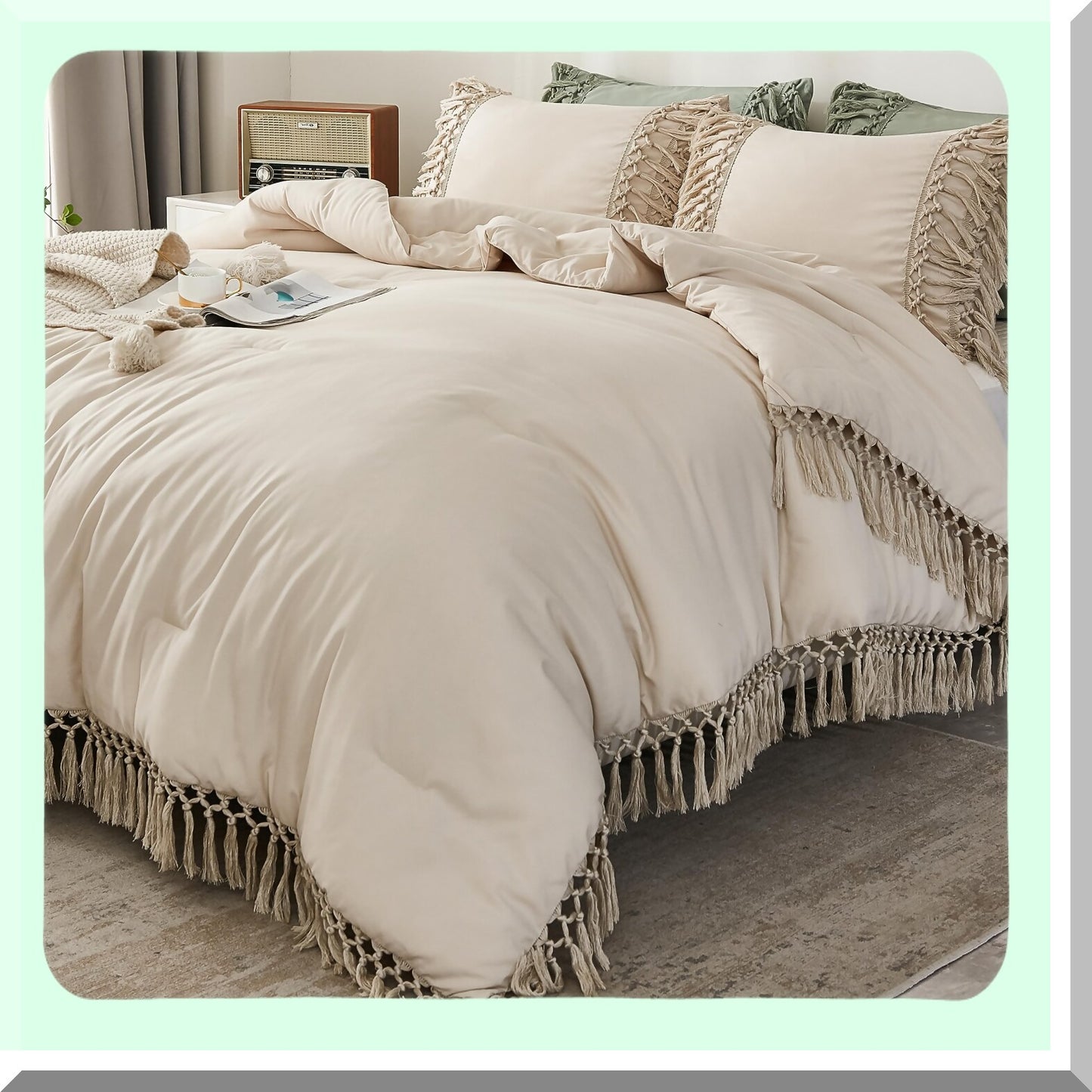 Boho Bliss Queen Comforter Set - 3 Piece Lightweight Bedding Set for Winter, All Season Bed Set with 2 Pillowcases - 90x90In Beige Comforter