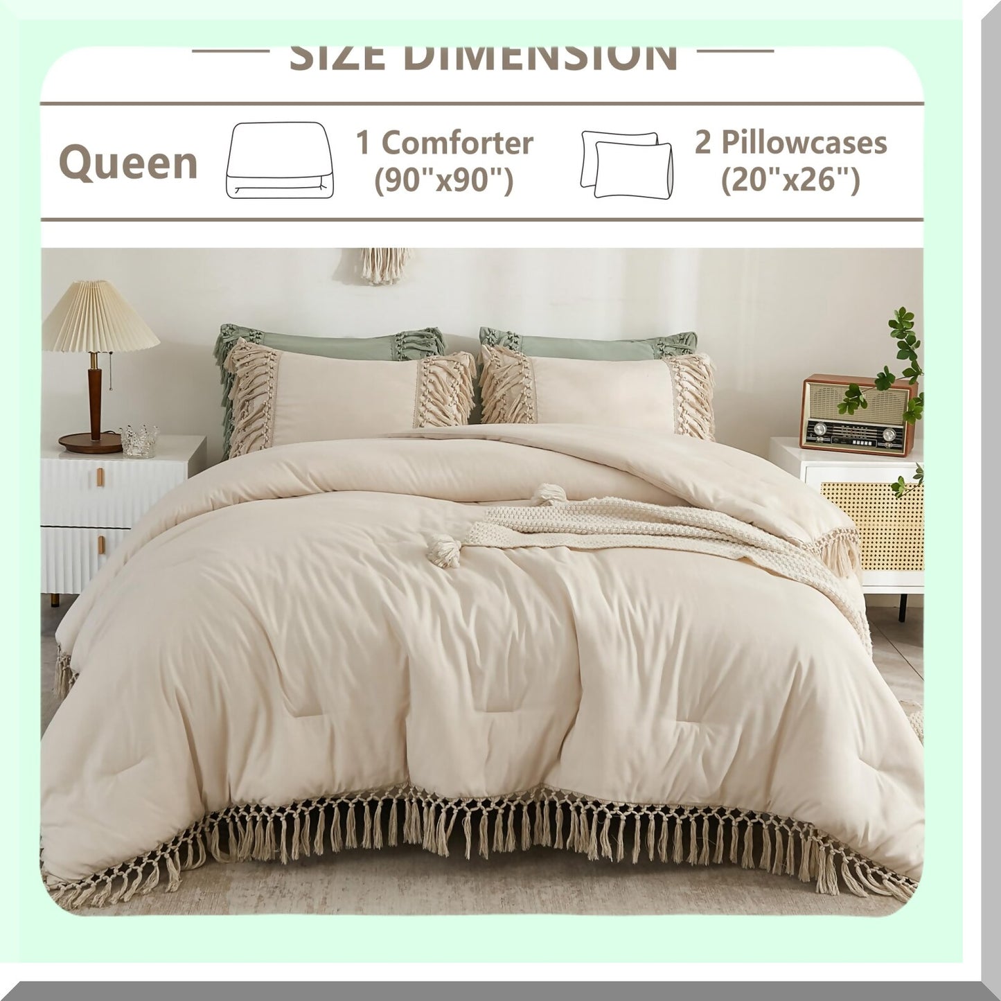 Boho Bliss Queen Comforter Set - 3 Piece Lightweight Bedding Set for Winter, All Season Bed Set with 2 Pillowcases - 90x90In Beige Comforter