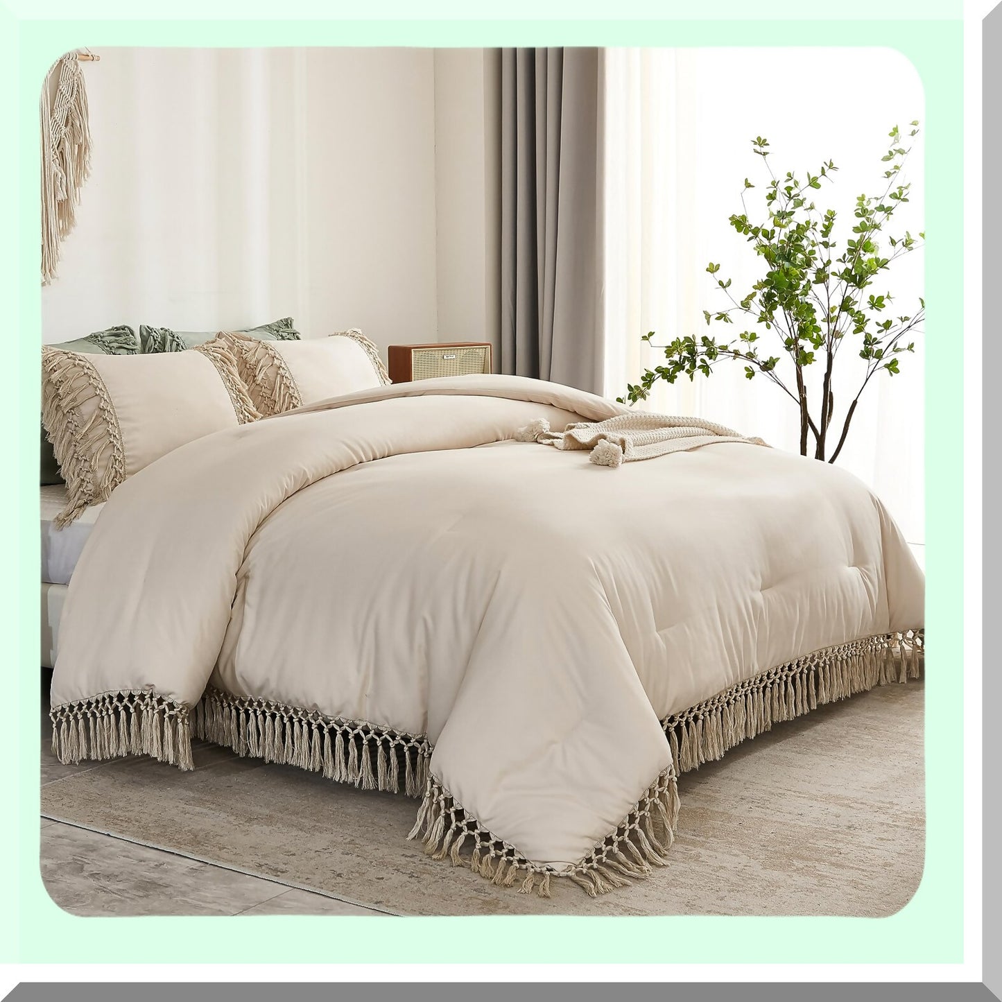 Boho Bliss Queen Comforter Set - 3 Piece Lightweight Bedding Set for Winter, All Season Bed Set with 2 Pillowcases - 90x90In Beige Comforter