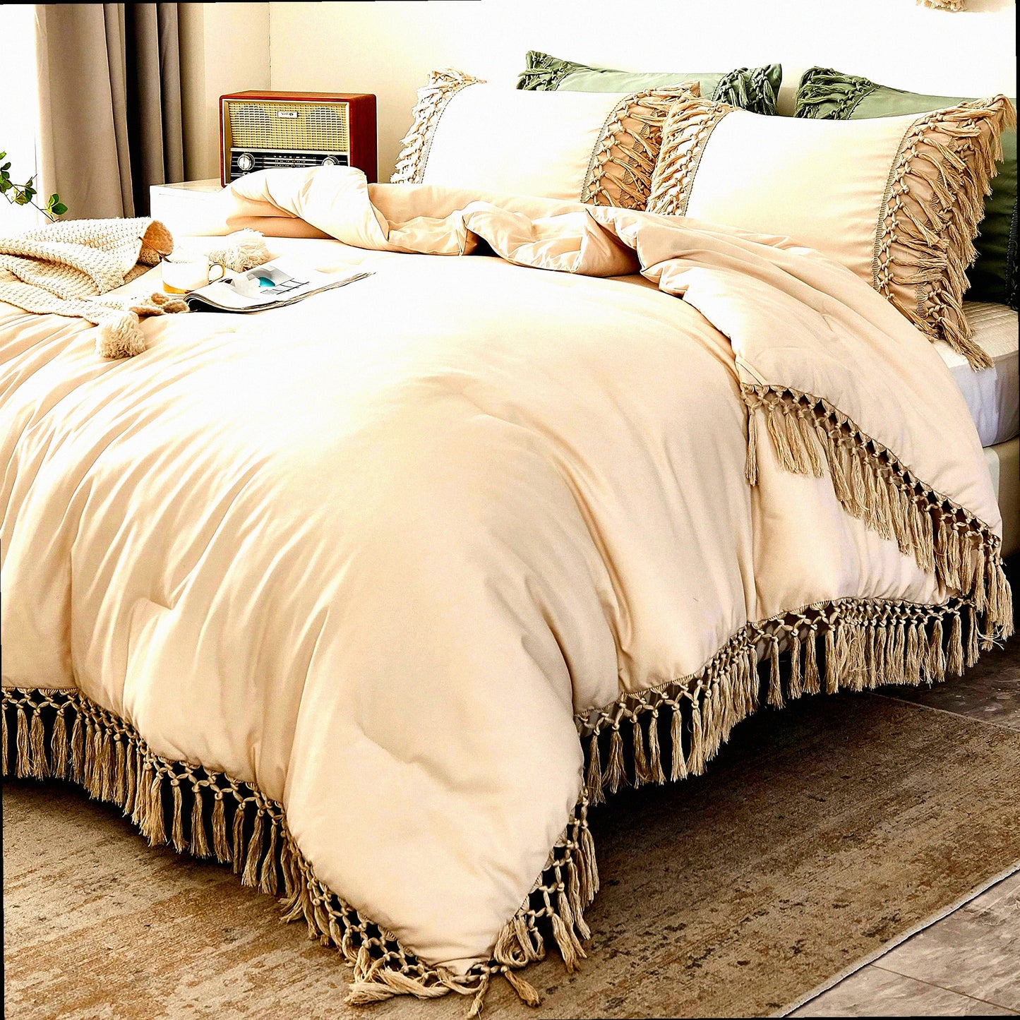Boho Bliss Queen Comforter Set - 3 Piece Lightweight Bedding Set for Winter, All Season Bed Set with 2 Pillowcases - 90x90In Beige Comforter
