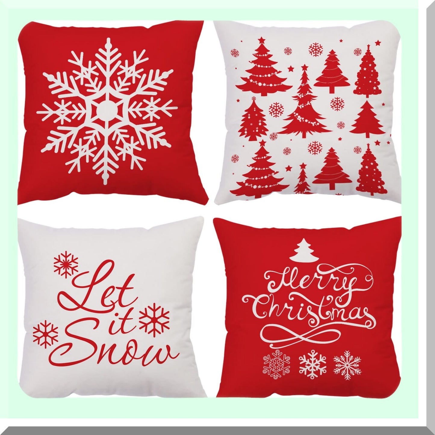 Festive Velvet Holiday Pillow Covers - Set of 4 Red Trees Snowflakes Cushion Protectors for Outdoor Sofa and Home Decor - 24x24 Inch Merry Xmas Theme