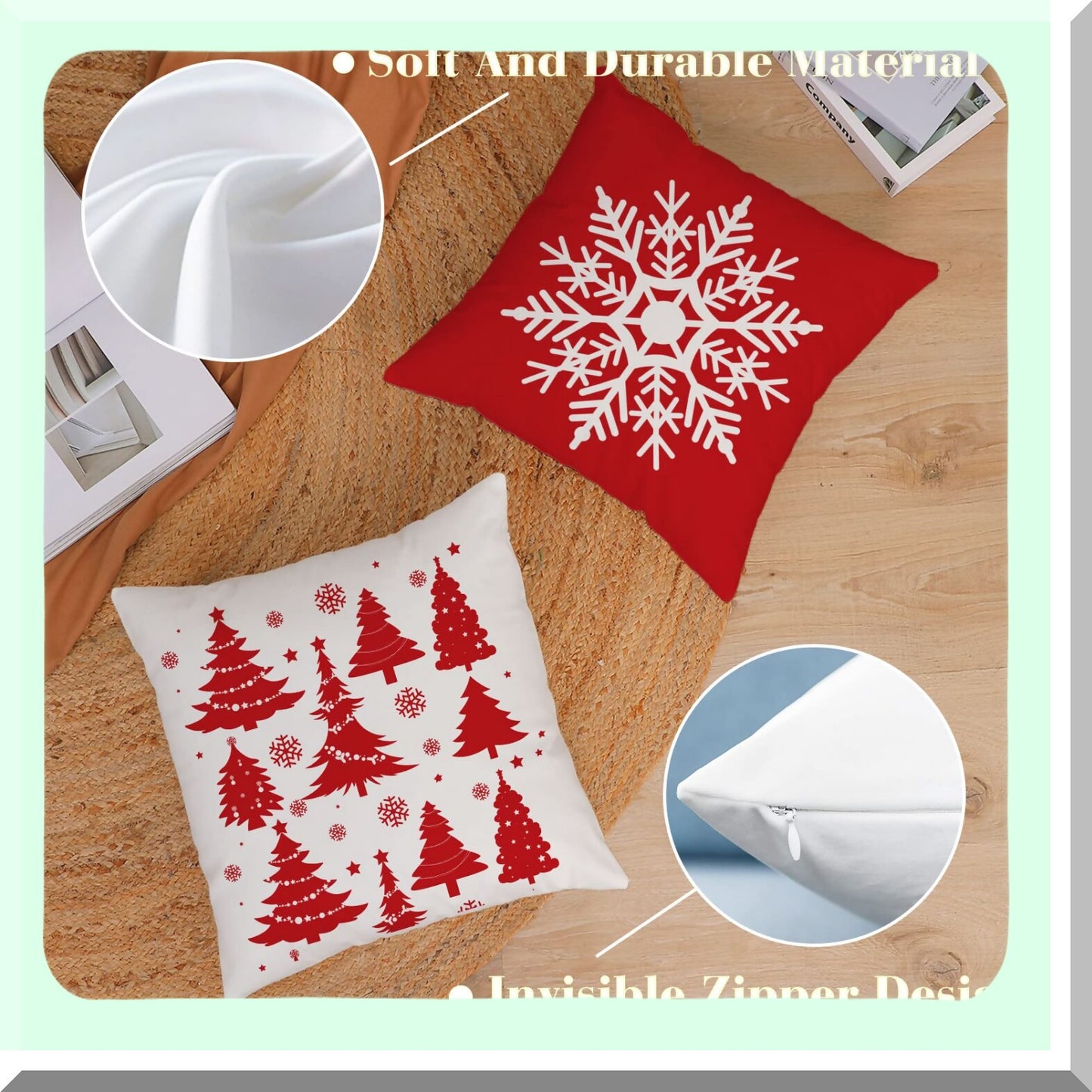 Festive Velvet Holiday Pillow Covers - Set of 4 Red Trees Snowflakes Cushion Protectors for Outdoor Sofa and Home Decor - 24x24 Inch Merry Xmas Theme