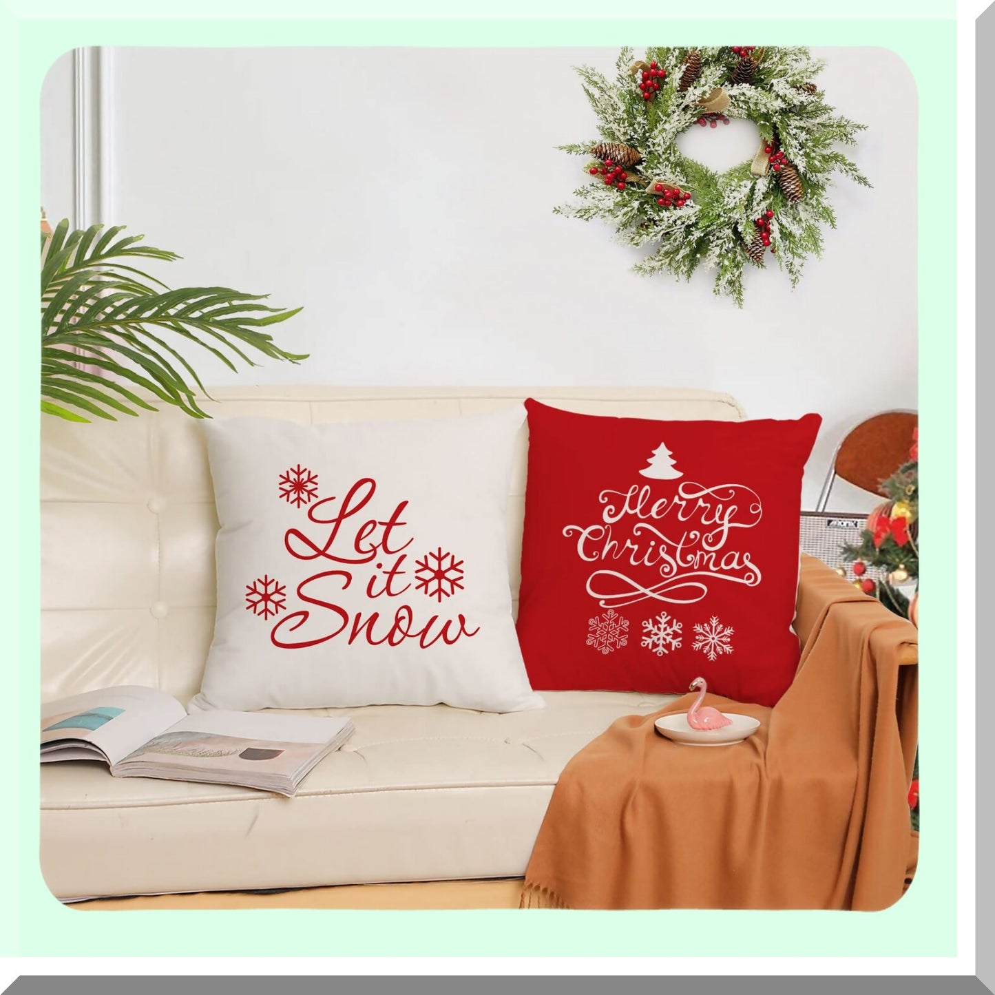 Festive Velvet Holiday Pillow Covers - Set of 4 Red Trees Snowflakes Cushion Protectors for Outdoor Sofa and Home Decor - 24x24 Inch Merry Xmas Theme