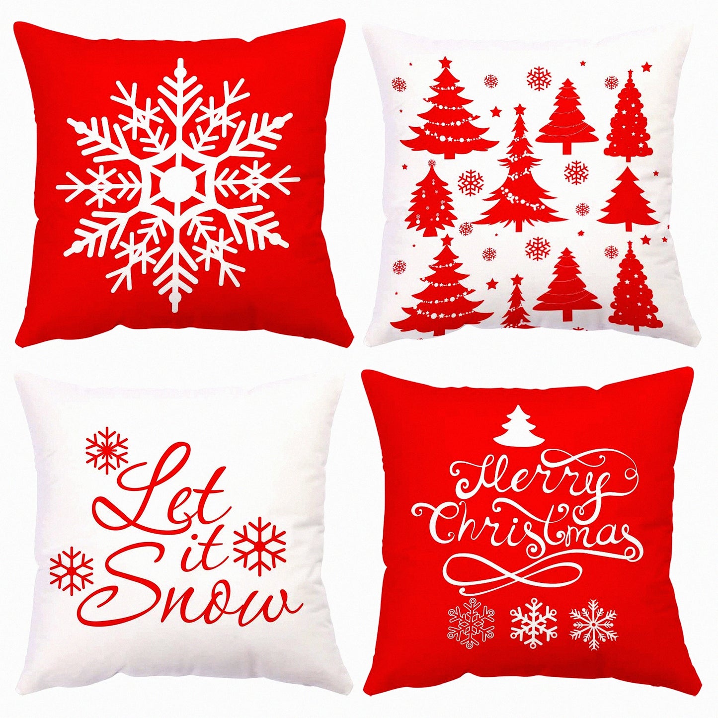 Festive Velvet Holiday Pillow Covers - Set of 4 Red Trees Snowflakes Cushion Protectors for Outdoor Sofa and Home Decor - 24x24 Inch Merry Xmas Theme