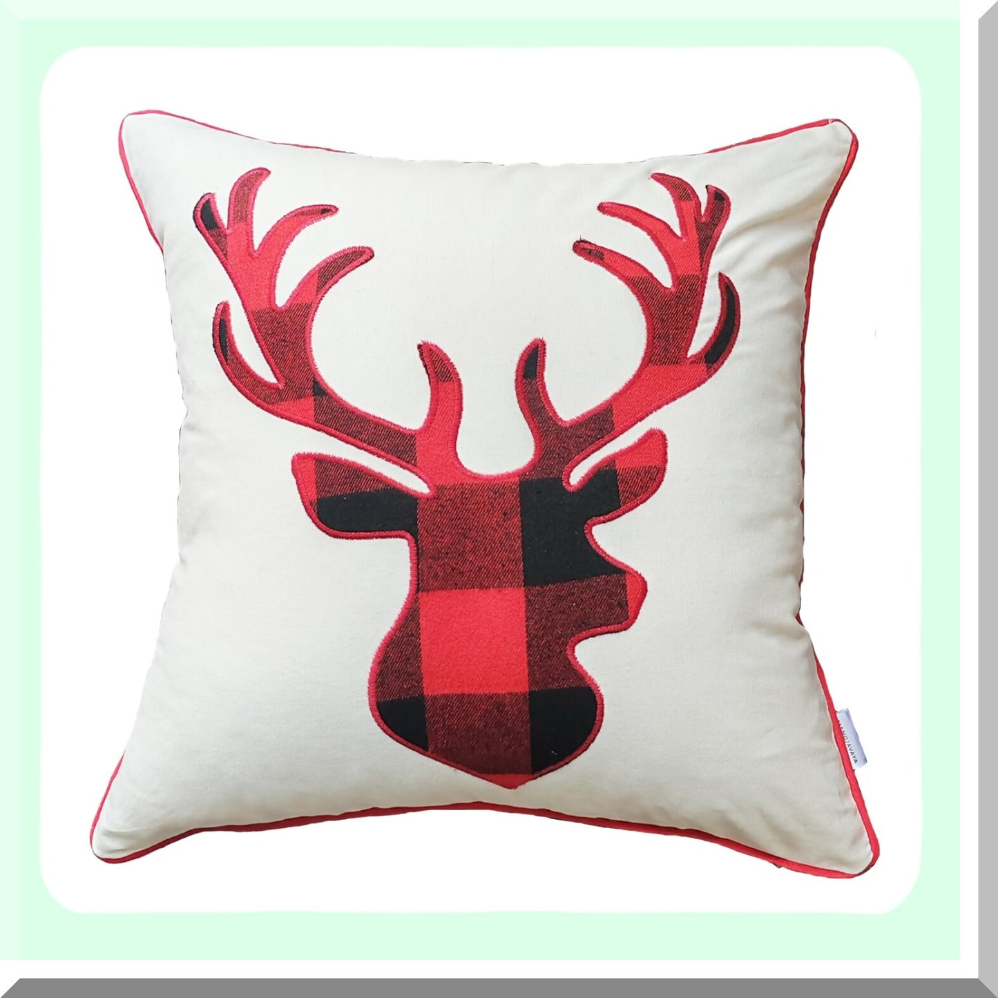 Red Buffalo Plaid Deer Head Embroidered Throw Pillow Covers - Set of 2 | 18x18 Inches Cotton Cushion Covers for Living Room Decor