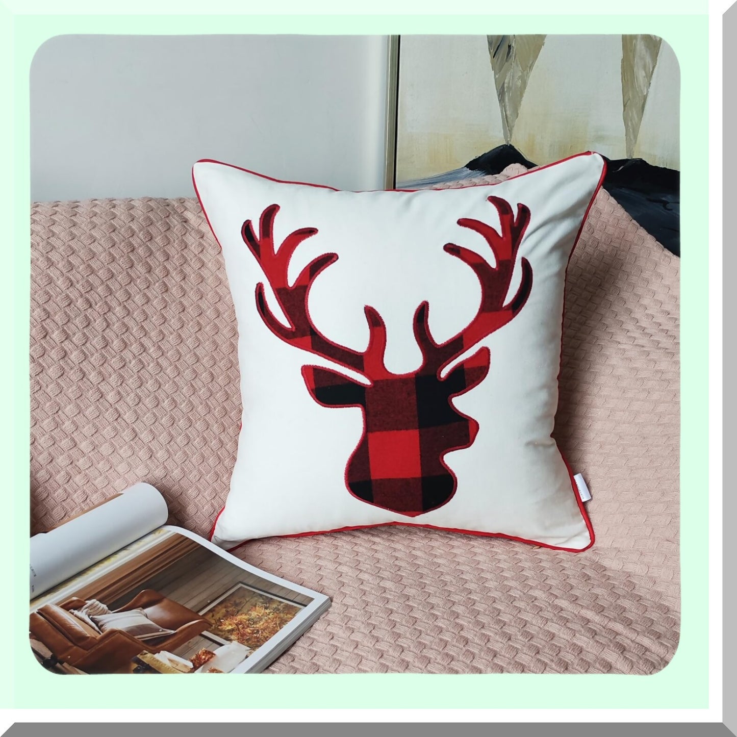 Red Buffalo Plaid Deer Head Embroidered Throw Pillow Covers - Set of 2 | 18x18 Inches Cotton Cushion Covers for Living Room Decor