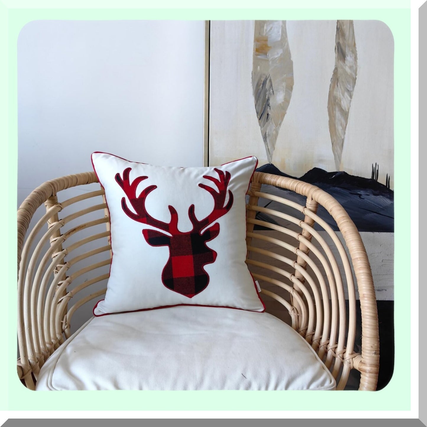 Red Buffalo Plaid Deer Head Embroidered Throw Pillow Covers - Set of 2 | 18x18 Inches Cotton Cushion Covers for Living Room Decor