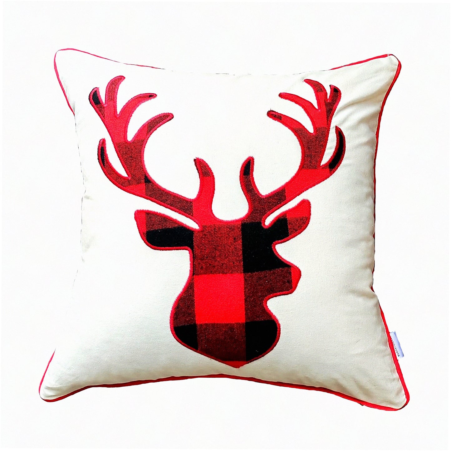 Red Buffalo Plaid Deer Head Embroidered Throw Pillow Covers - Set of 2 | 18x18 Inches Cotton Cushion Covers for Living Room Decor