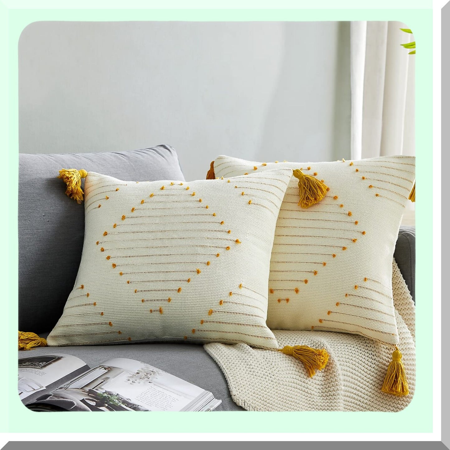 Boho Tassel Cotton Pillow Covers - Set of 2 18x18 Inch Decorative Cushion Covers for Couch, Sofa, Bedroom, Car - Neutral Accent Pillows