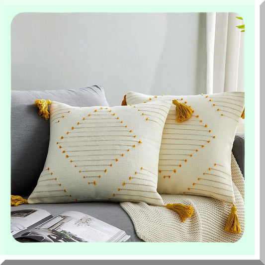 Boho Tassel Cotton Pillow Covers - Set of 2 18x18 Inch Decorative Cushion Covers for Couch, Sofa, Bedroom, Car - Neutral Accent Pillows