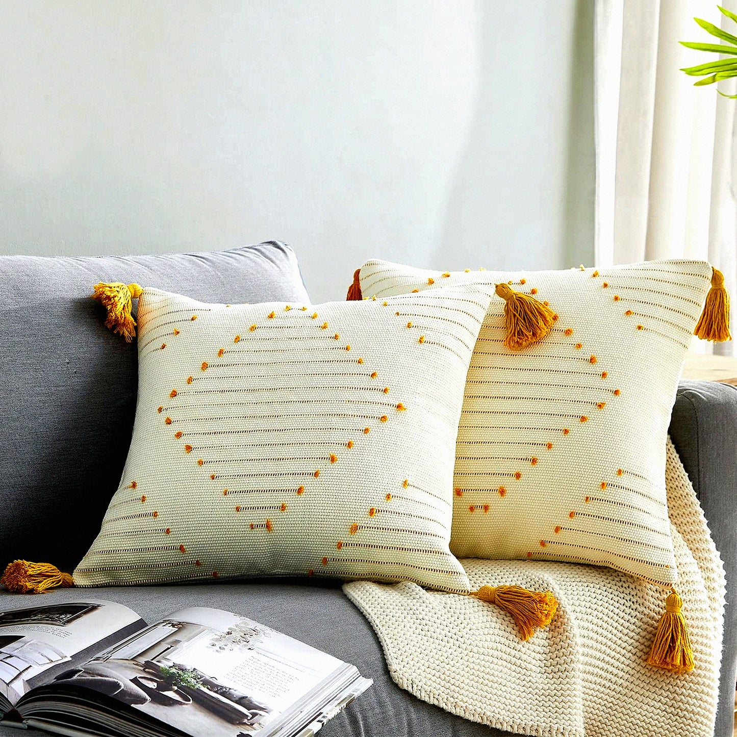 Boho Tassel Cotton Pillow Covers - Set of 2 18x18 Inch Decorative Cushion Covers for Couch, Sofa, Bedroom, Car - Neutral Accent Pillows