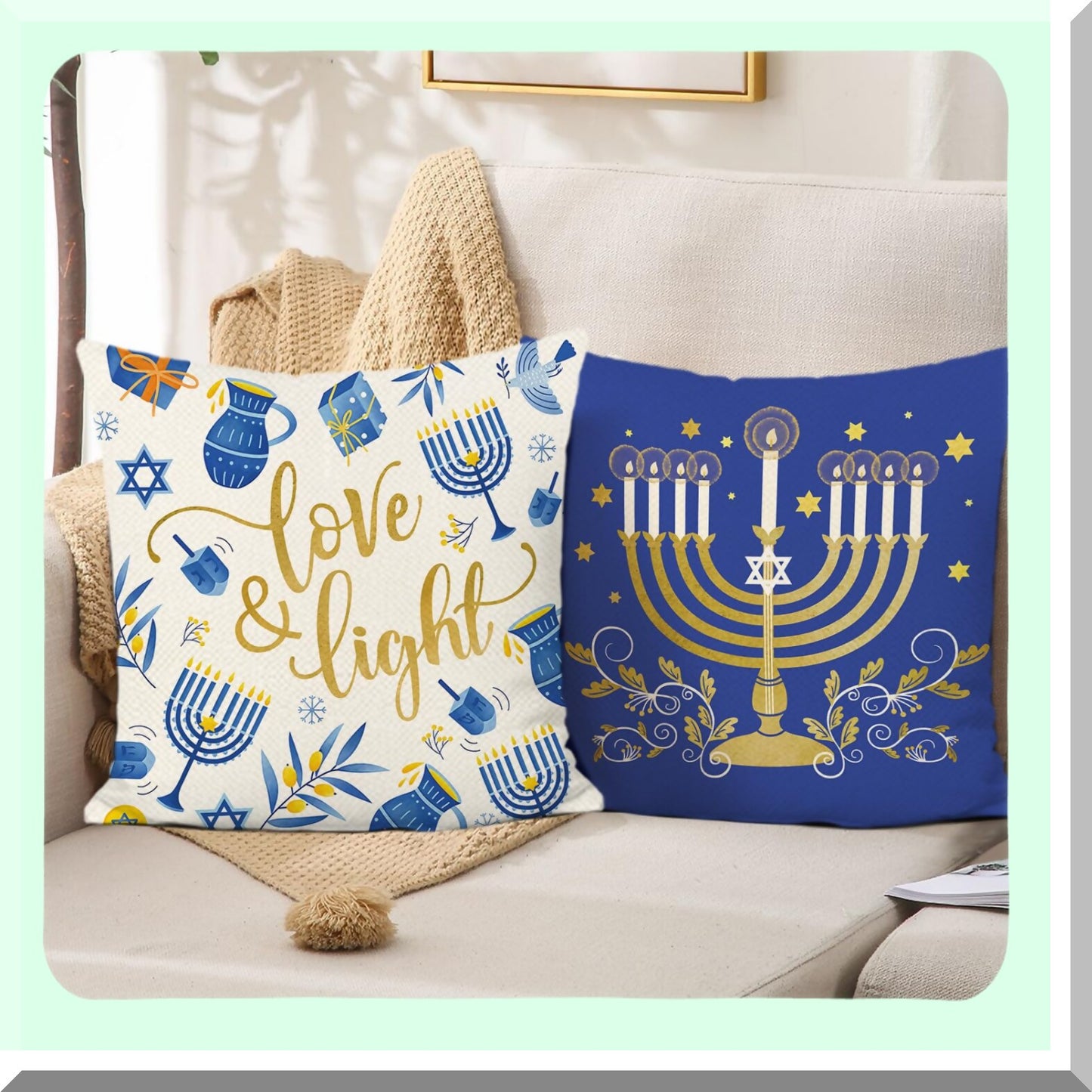 Frosty Love Light Blue Hanukkah Pillowcase Set - Winter Decor Throw Pillow Covers 18x18 Inch for Couch Sofa Bed Home - Set of 2