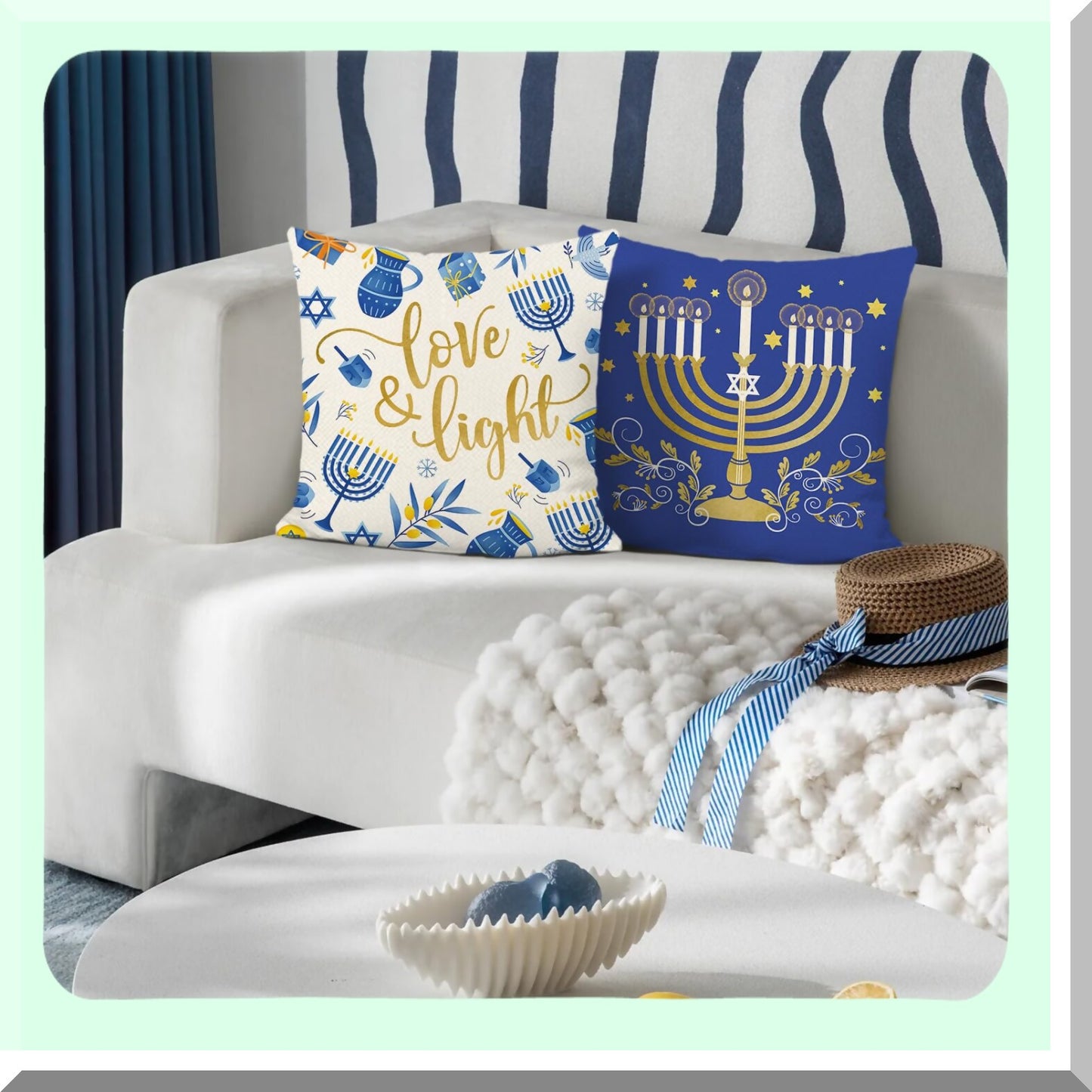 Frosty Love Light Blue Hanukkah Pillowcase Set - Winter Decor Throw Pillow Covers 18x18 Inch for Couch Sofa Bed Home - Set of 2