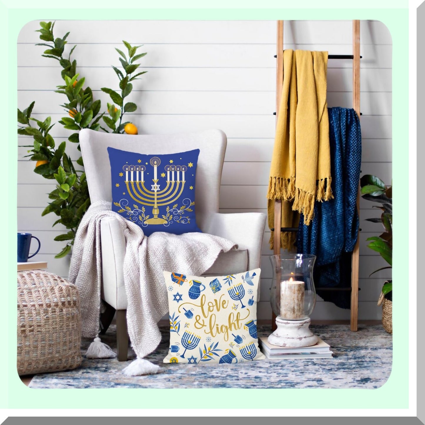 Frosty Love Light Blue Hanukkah Pillowcase Set - Winter Decor Throw Pillow Covers 18x18 Inch for Couch Sofa Bed Home - Set of 2