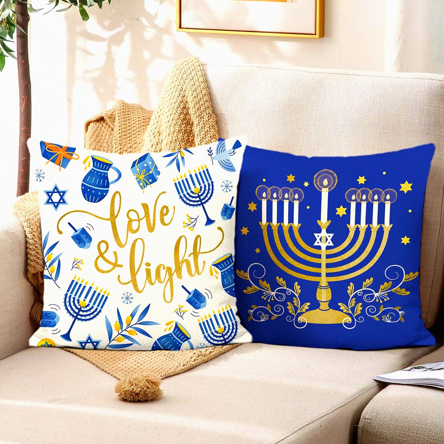 Frosty Love Light Blue Hanukkah Pillowcase Set - Winter Decor Throw Pillow Covers 18x18 Inch for Couch Sofa Bed Home - Set of 2