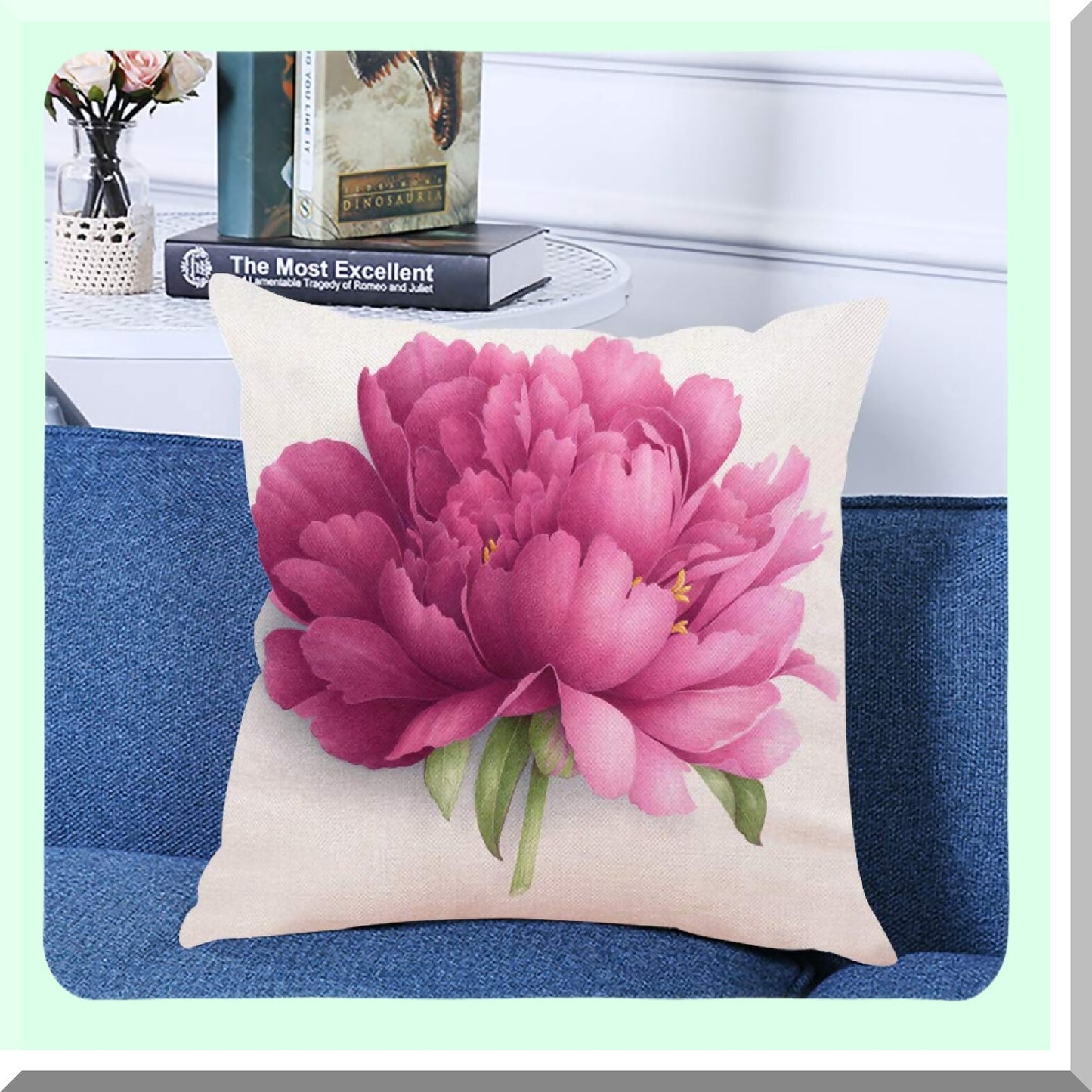 Peony Bloom Decorative Pillow Cover - Vintage Floral Pattern Square Cushion Case for Home Couch Living Room Bed Sofa Car - 18 x 18 Inches