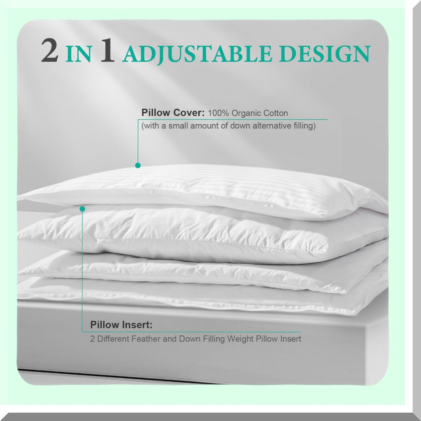 FeatherFlex SleepPro Pillow - 2-in-1 Adjustable Goose Down Pillow for Stomach, Back, Side Sleepers - Standard/Queen Size 20x28 - Soft-Medium-Firm