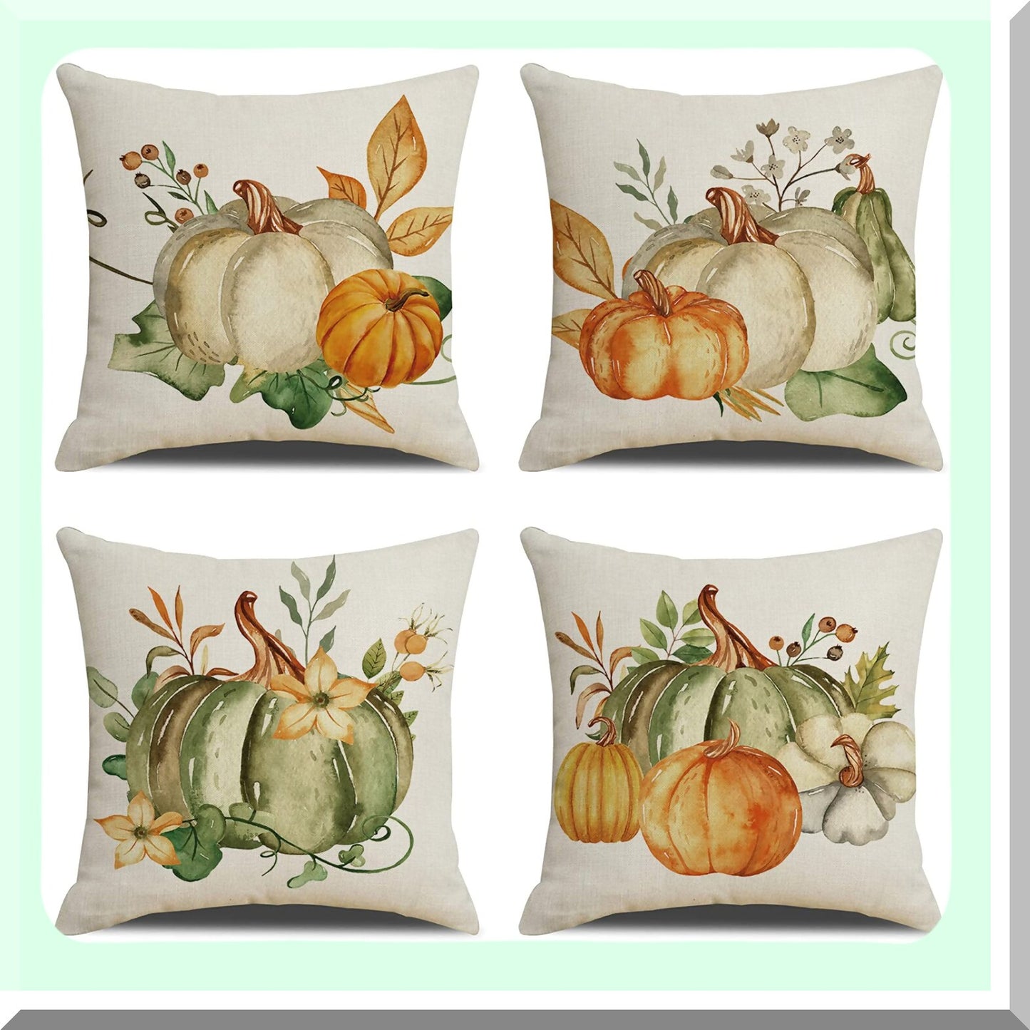 Autumn Harvest Flax Pillow Cover Set - Fall Pumpkin & Thanksgiving Theme - 18x18 Cute Sofa Bed Home Decor - Set of 4 - Autumn Throw Pillow Covers