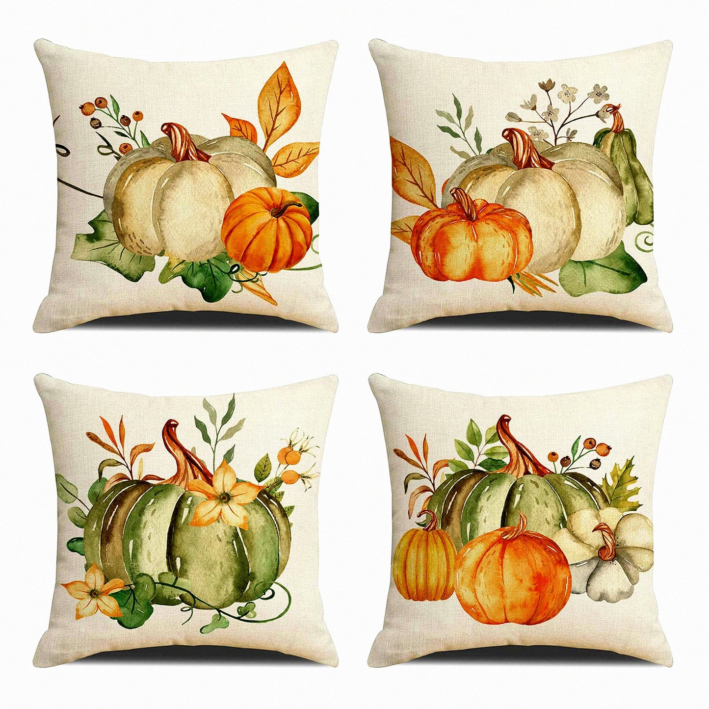 Autumn Harvest Flax Pillow Cover Set - Fall Pumpkin & Thanksgiving Theme - 18x18 Cute Sofa Bed Home Decor - Set of 4 - Autumn Throw Pillow Covers