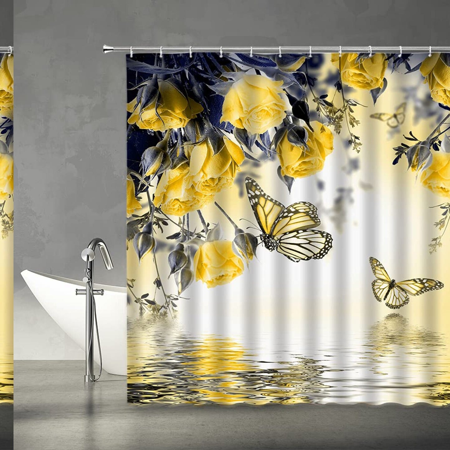 Flower Butterfly Shower Curtain 70x70 inch Yellow Rose
