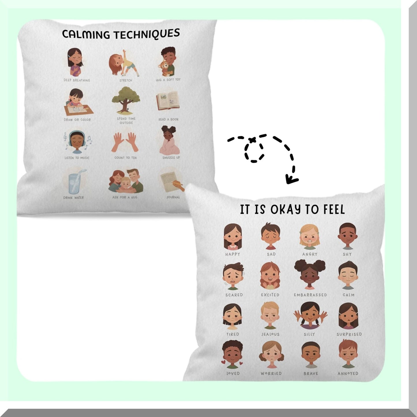 EmoCalm Reversible Emotions Pillowcase - Therapy Office Decor - Teen Girl Gift - Mental Health Calming Techniques - Cute Cartoon Faces - Feelings Therapy