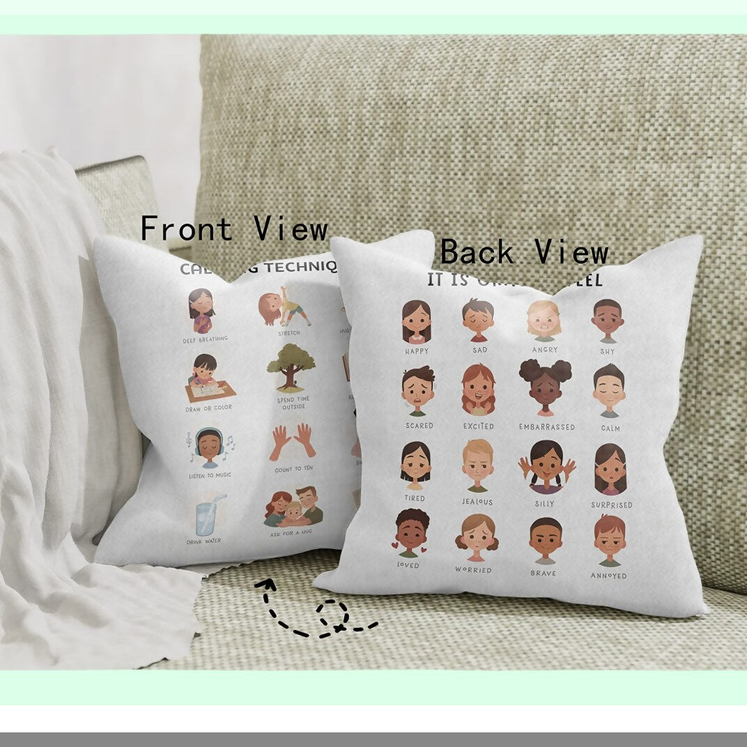 EmoCalm Reversible Emotions Pillowcase - Therapy Office Decor - Teen Girl Gift - Mental Health Calming Techniques - Cute Cartoon Faces - Feelings Therapy