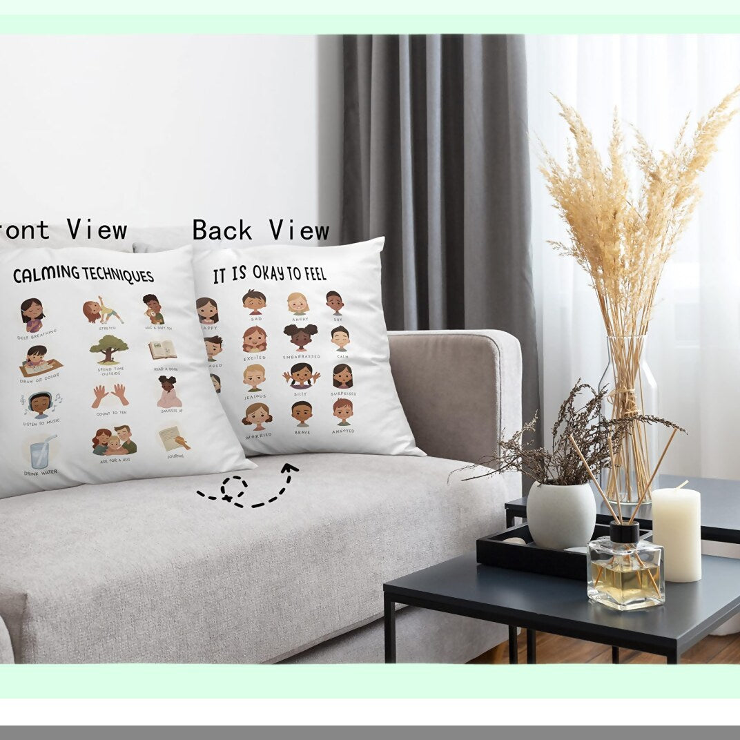 EmoCalm Reversible Emotions Pillowcase - Therapy Office Decor - Teen Girl Gift - Mental Health Calming Techniques - Cute Cartoon Faces - Feelings Therapy