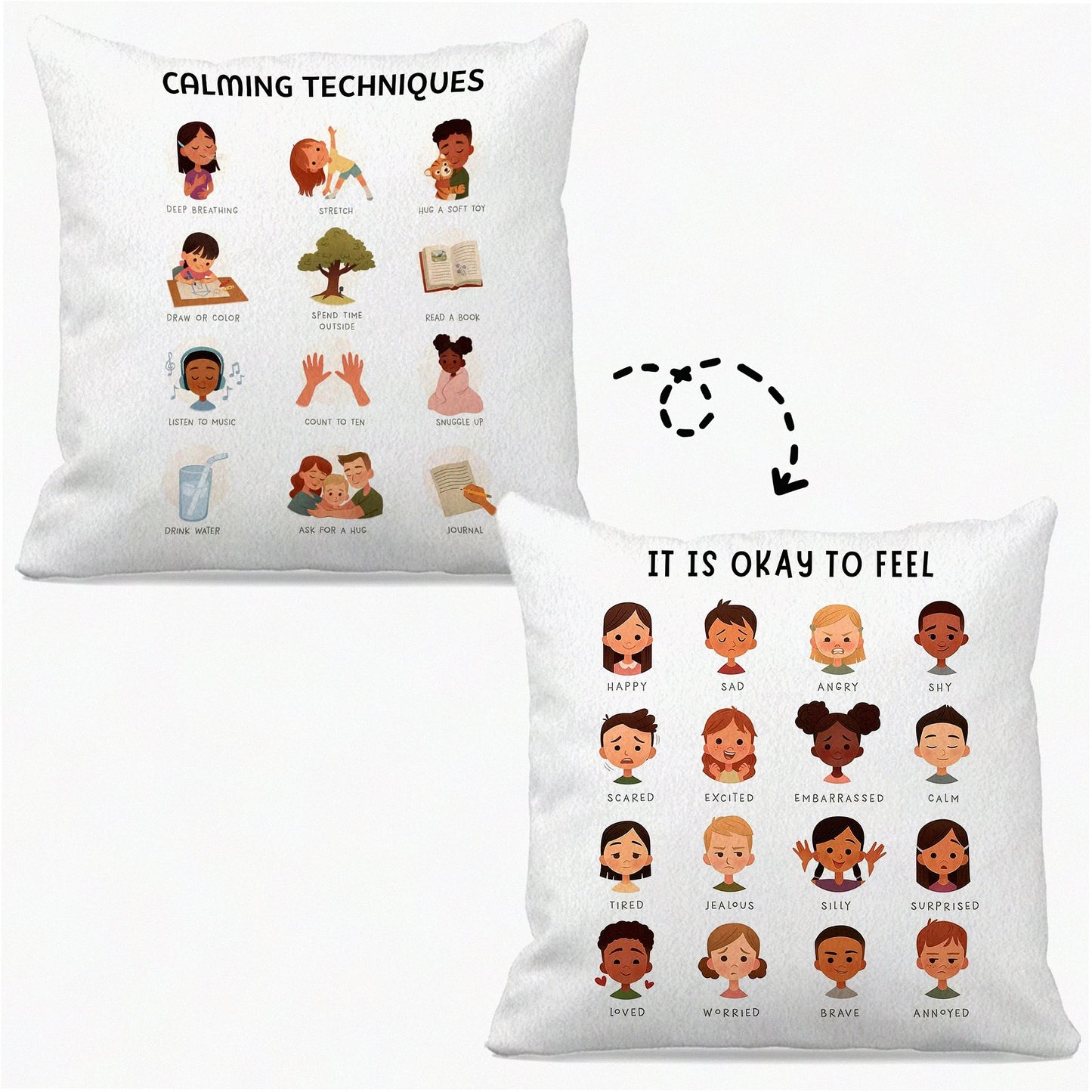 EmoCalm Reversible Emotions Pillowcase - Therapy Office Decor - Teen Girl Gift - Mental Health Calming Techniques - Cute Cartoon Faces - Feelings Therapy