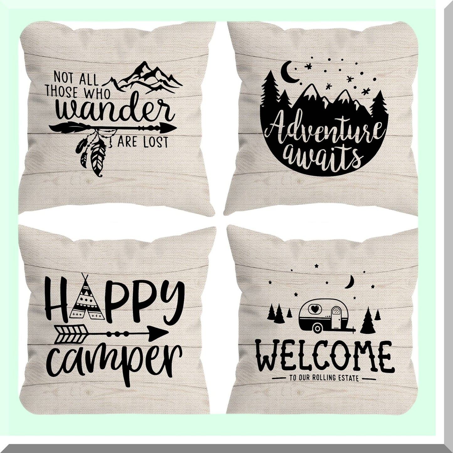 Adventure Awaits Decorative Pillow Covers - Set of 4, Camping Camper Gifts for Men Women, Happy Camper Room Decor, 18 x 18 Inch Sofa Bed Accessories