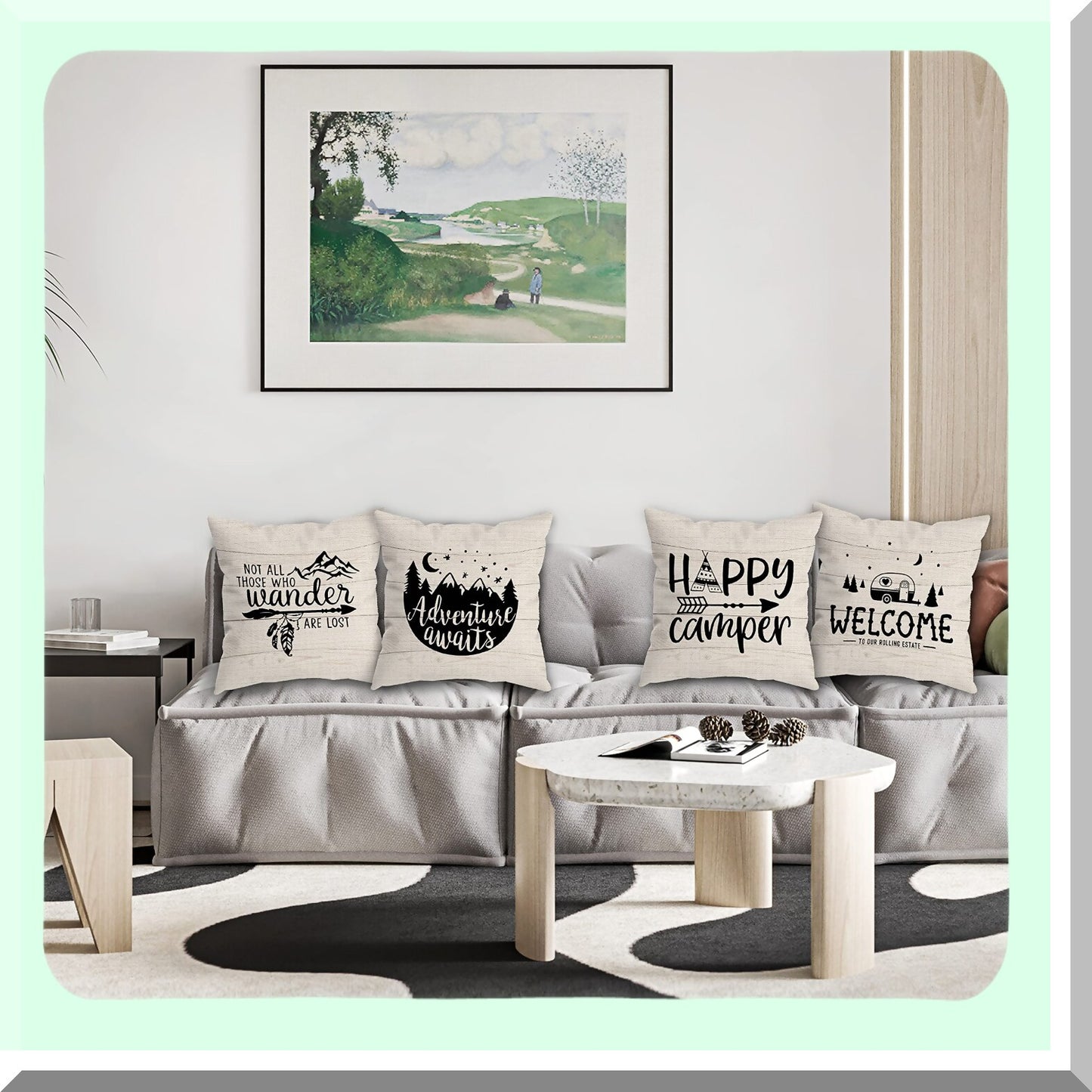 Adventure Awaits Decorative Pillow Covers - Set of 4, Camping Camper Gifts for Men Women, Happy Camper Room Decor, 18 x 18 Inch Sofa Bed Accessories