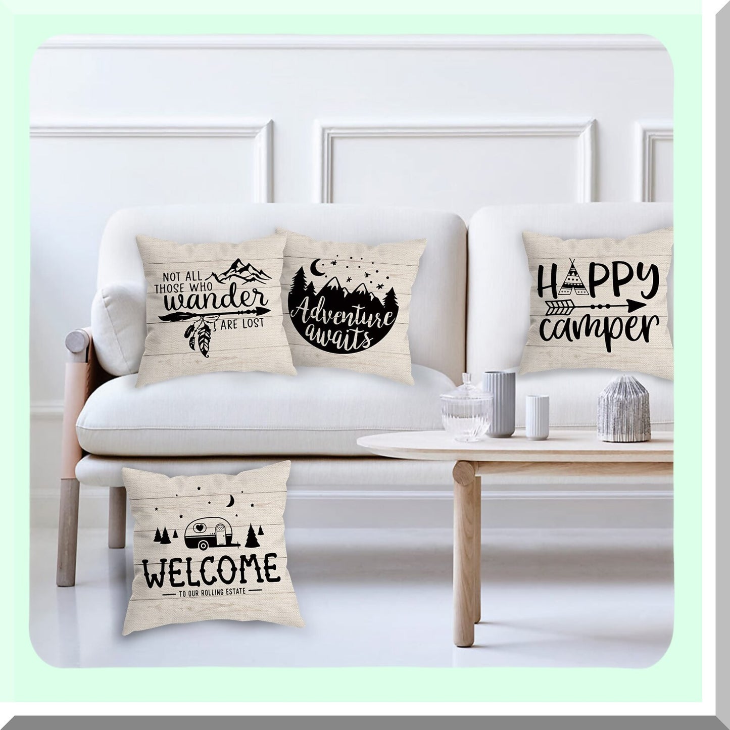 Adventure Awaits Decorative Pillow Covers - Set of 4, Camping Camper Gifts for Men Women, Happy Camper Room Decor, 18 x 18 Inch Sofa Bed Accessories