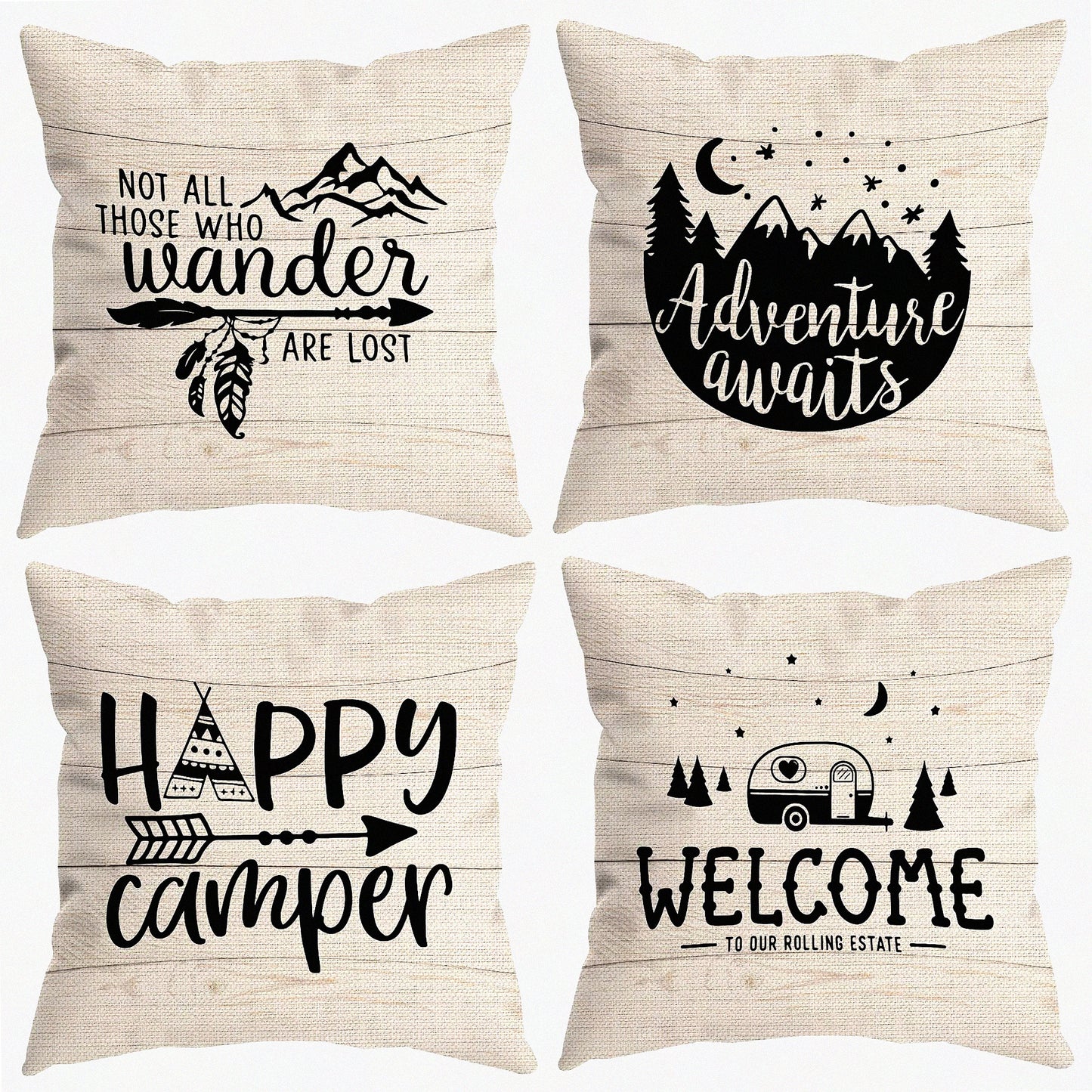 Adventure Awaits Decorative Pillow Covers - Set of 4, Camping Camper Gifts for Men Women, Happy Camper Room Decor, 18 x 18 Inch Sofa Bed Accessories