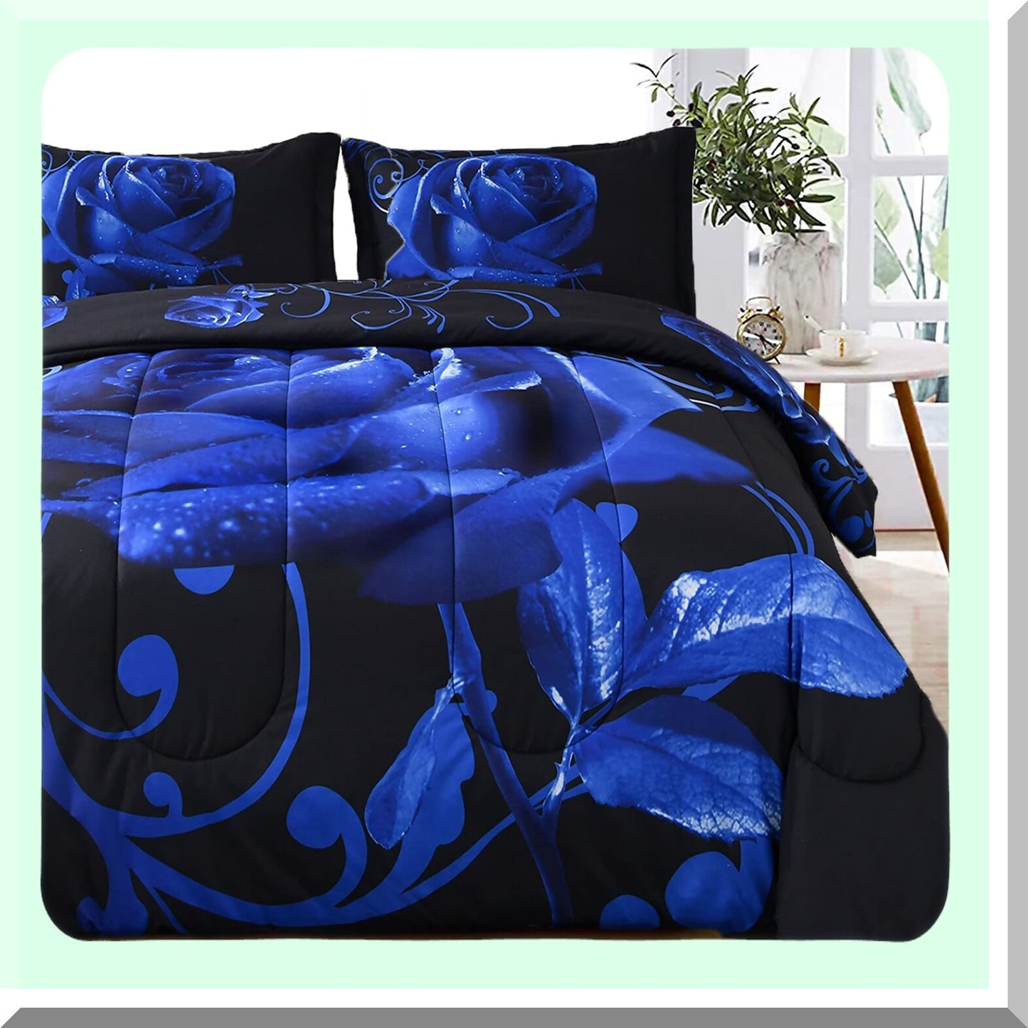 Blue Rose Reversible Comforter Set - All Seasons Soft Microfiber Filling - 2 Pillowcases - 103"x90" - Printed Pattern - Bedroom Decor