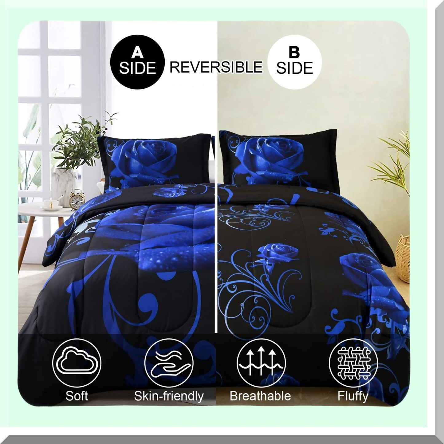 Blue Rose Reversible Comforter Set - All Seasons Soft Microfiber Filling - 2 Pillowcases - 103"x90" - Printed Pattern - Bedroom Decor