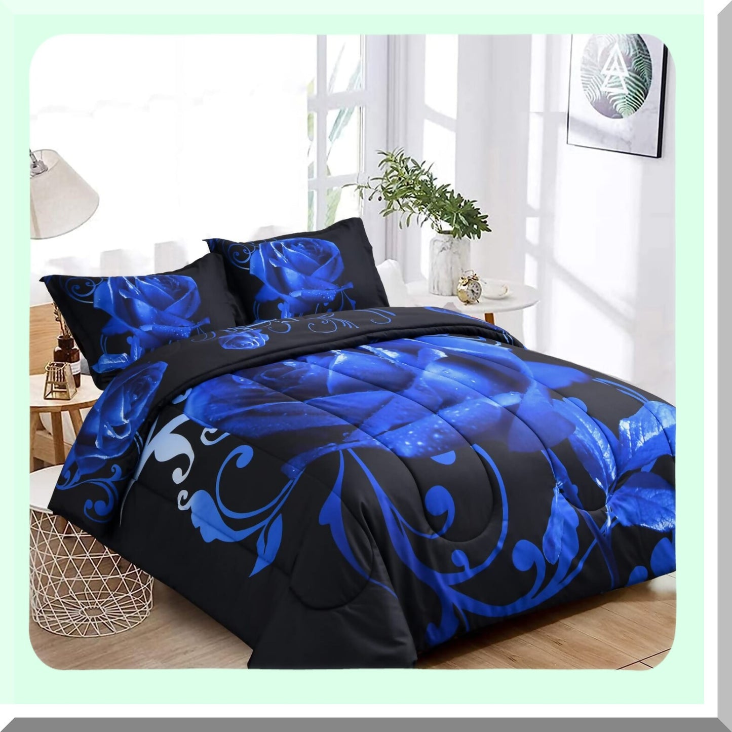 Blue Rose Reversible Comforter Set - All Seasons Soft Microfiber Filling - 2 Pillowcases - 103"x90" - Printed Pattern - Bedroom Decor