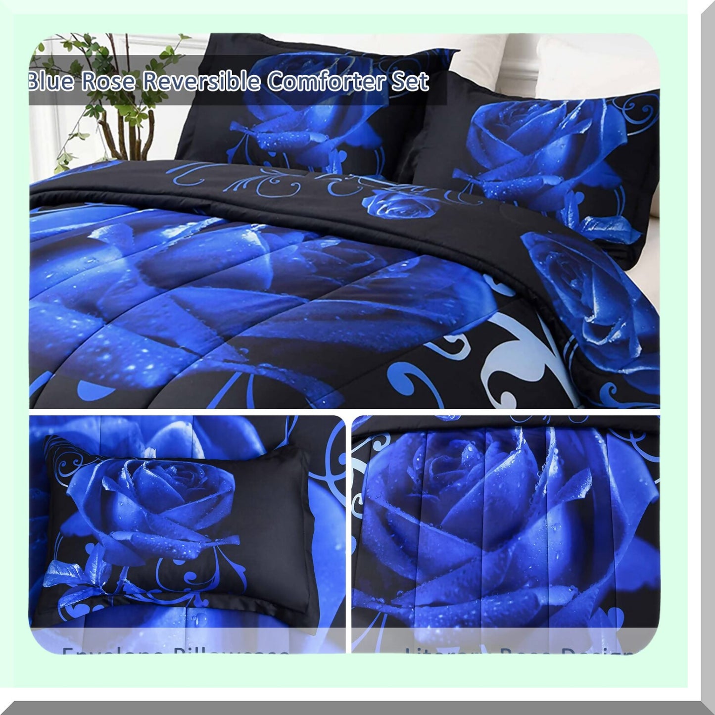 Blue Rose Reversible Comforter Set - All Seasons Soft Microfiber Filling - 2 Pillowcases - 103"x90" - Printed Pattern - Bedroom Decor