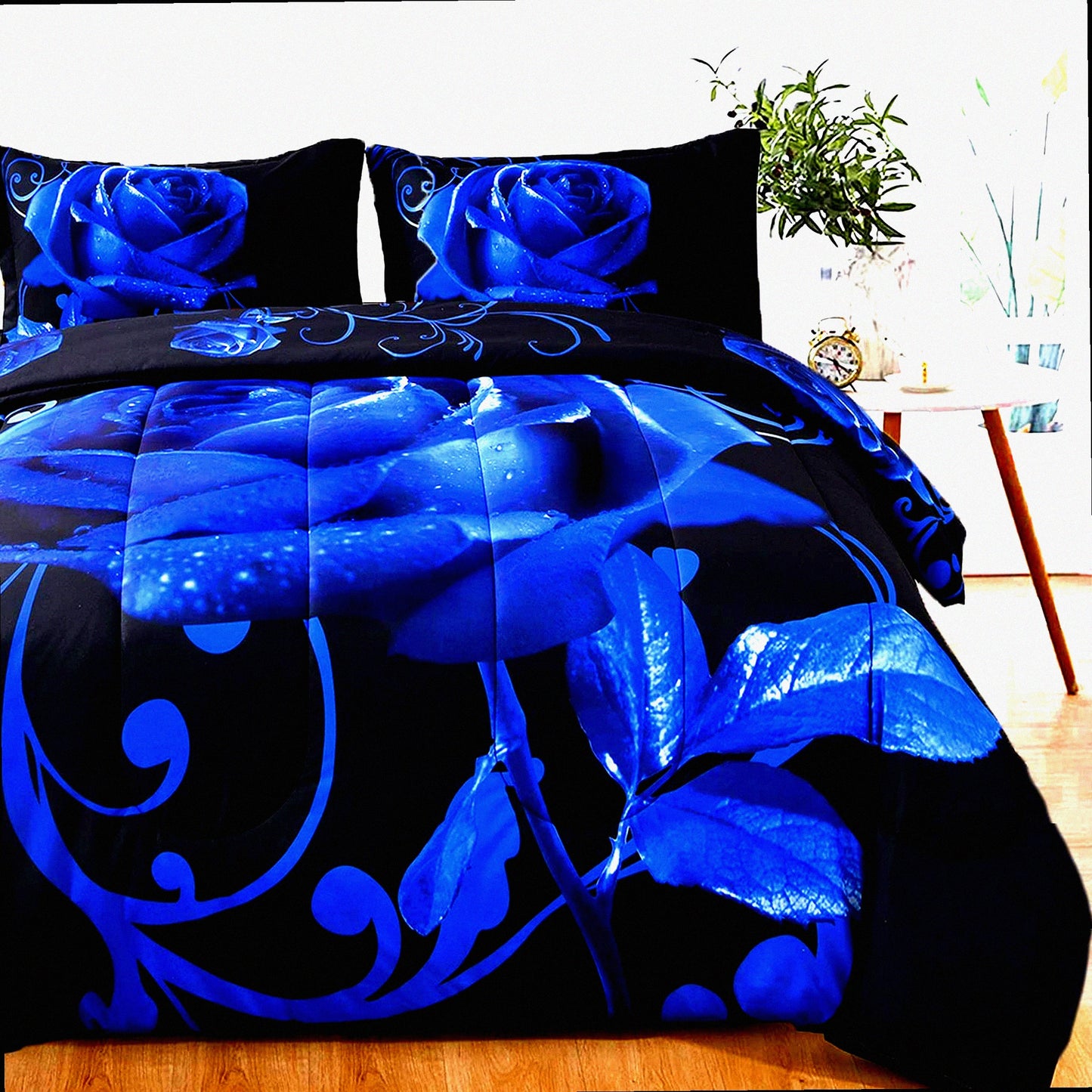 Blue Rose Reversible Comforter Set - All Seasons Soft Microfiber Filling - 2 Pillowcases - 103"x90" - Printed Pattern - Bedroom Decor