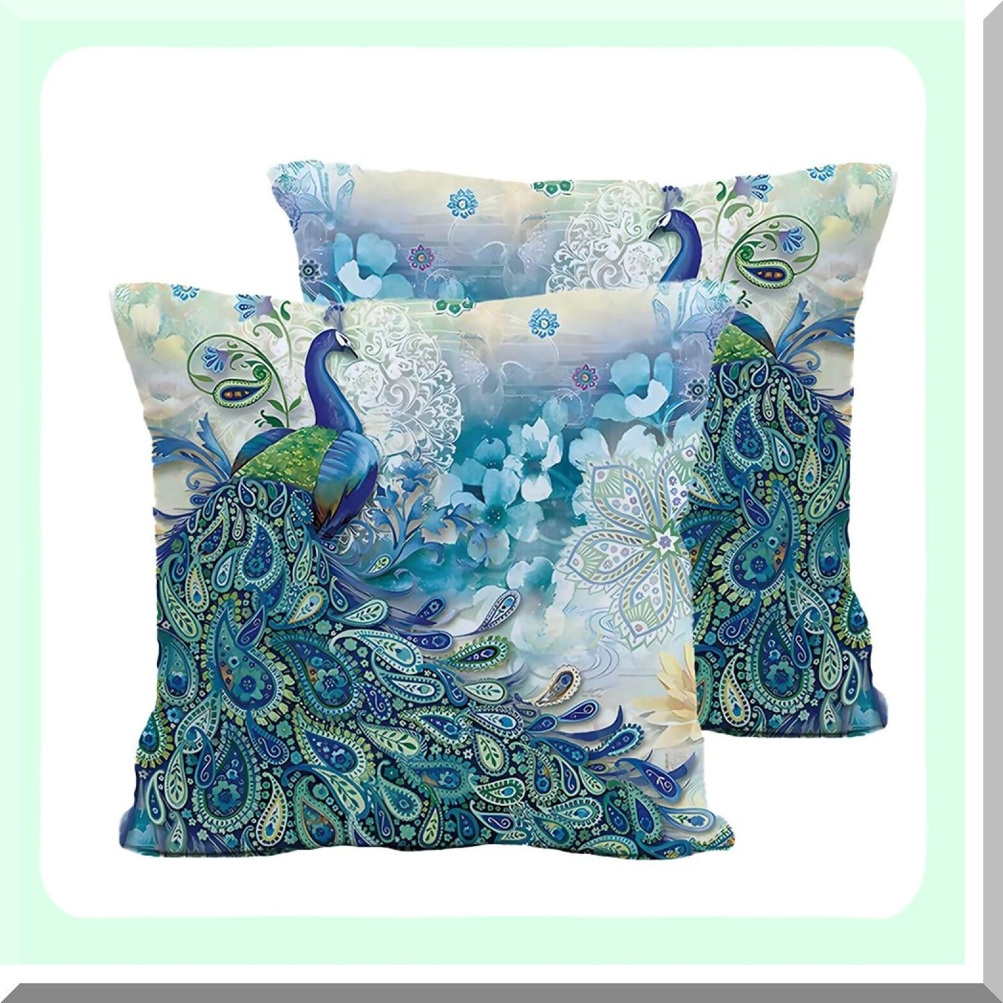 Watercolor Teal Peacock Decorative Pillow Covers - Set of 2 | Vintage Turquoise Gifts | Microfiber Fabric Sofa Couch Bed Decoration - 16x16 Inches