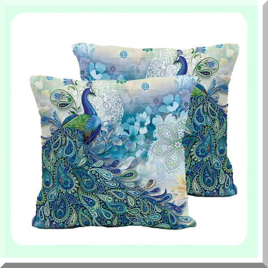 Watercolor Teal Peacock Pillow Covers Set of 2