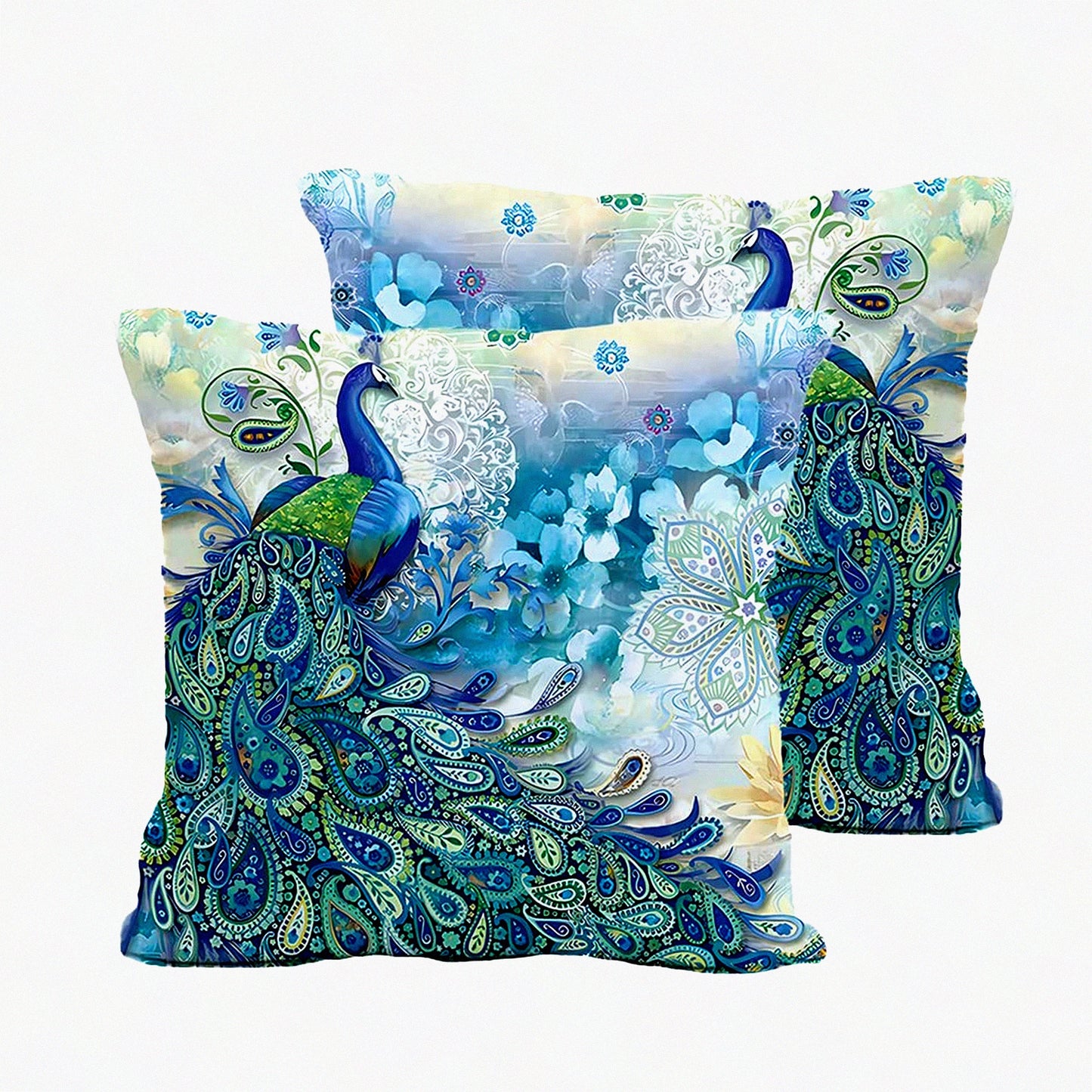 Watercolor Teal Peacock Decorative Pillow Covers - Set of 2 | Vintage Turquoise Gifts | Microfiber Fabric Sofa Couch Bed Decoration - 16x16 Inches