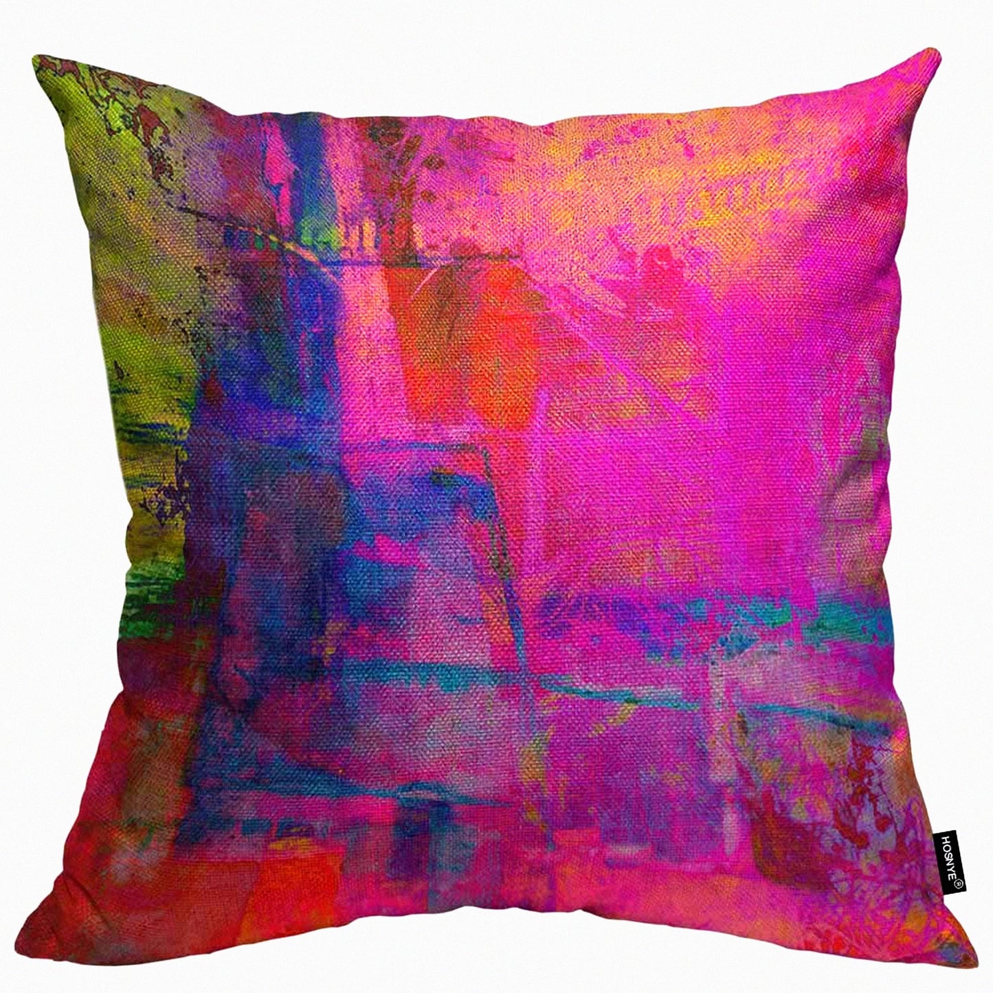 Vivid Spectrum Decorative Pillow Cover - Abstract Art Cushion Case in Fuchsia, Magenta, Pink, Red, Yellow, Green, Blue - 18x18 inch Cotton Linen - Sofa, Bed, Car