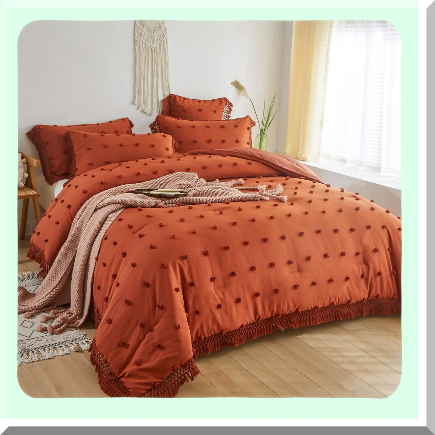 Terracotta Boho Comforter Set - 3 Piece Lightweight Bedding with Tufted Pom Pom Detail and 2 Pillowcases - Burnt Orange Bed Set